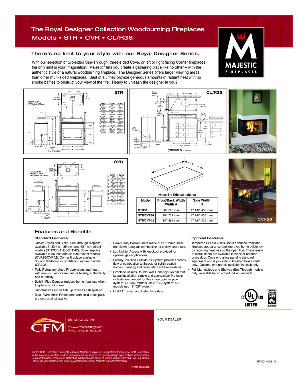 Majestic Appliances STR42, STR36, STR33 manual Features and Benefits, Str, Cvr, CL/R36, Model 