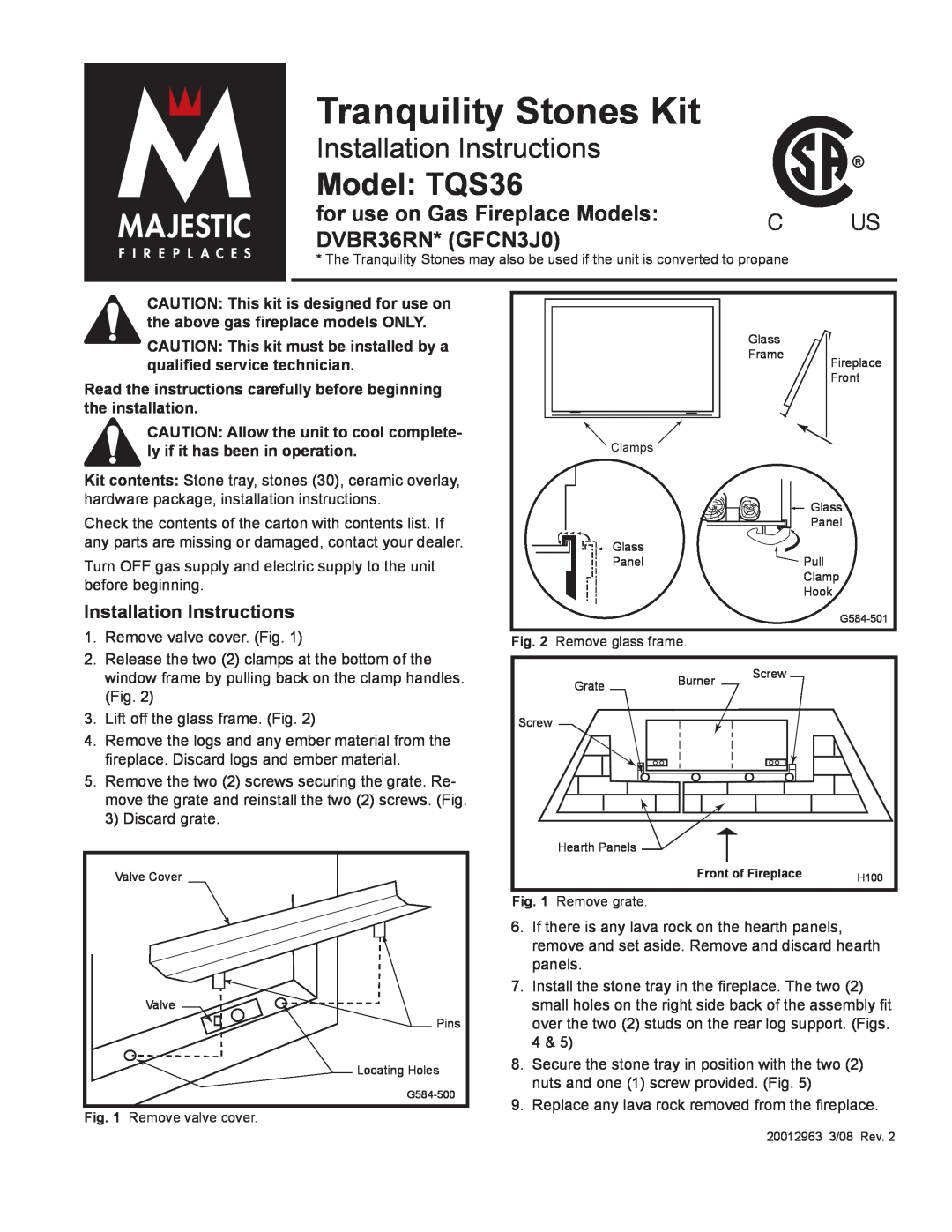 Majestic Appliances installation instructions Model TQS36, Installation Instructions, Tranquility Stones Kit 