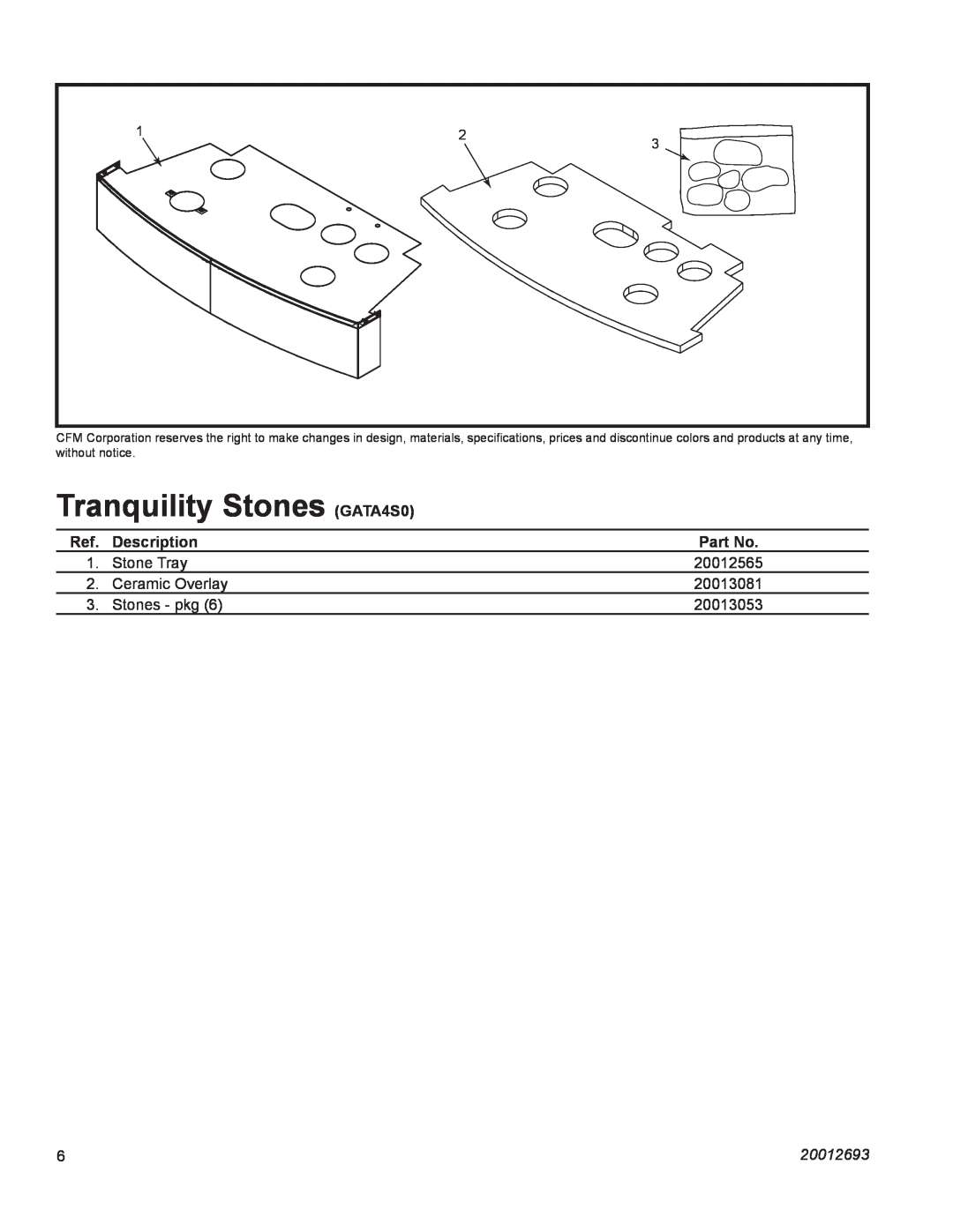 Majestic Appliances TQS36 installation instructions Tranquility Stones GATA4S0, Description, 20012693 