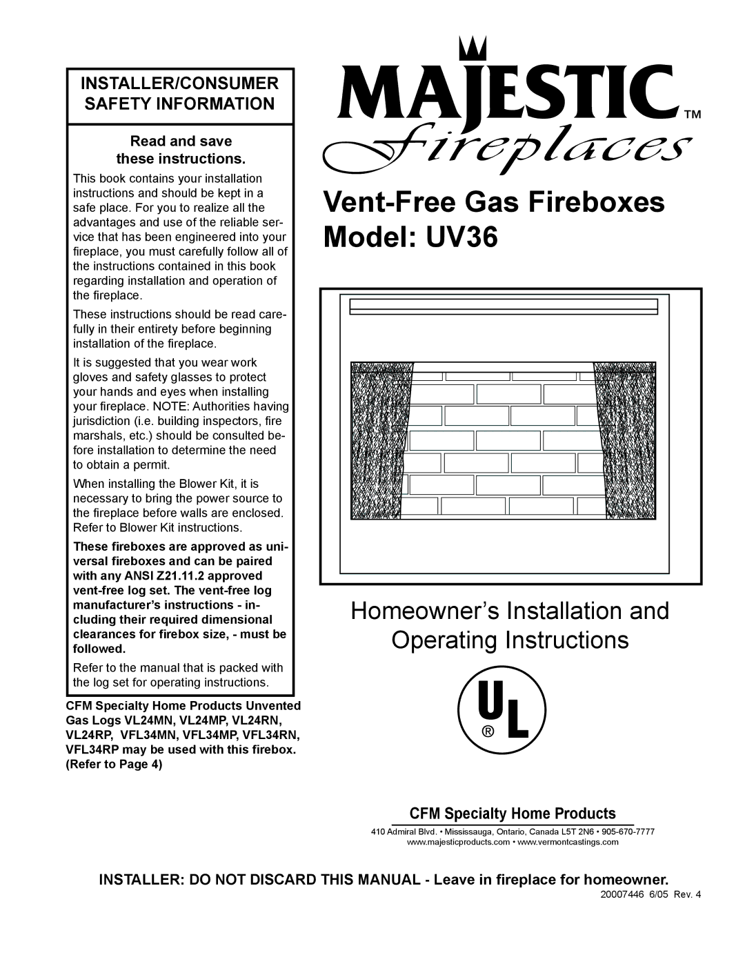 Majestic Appliances installation instructions Vent-Free Gas Fireboxes Model UV36 