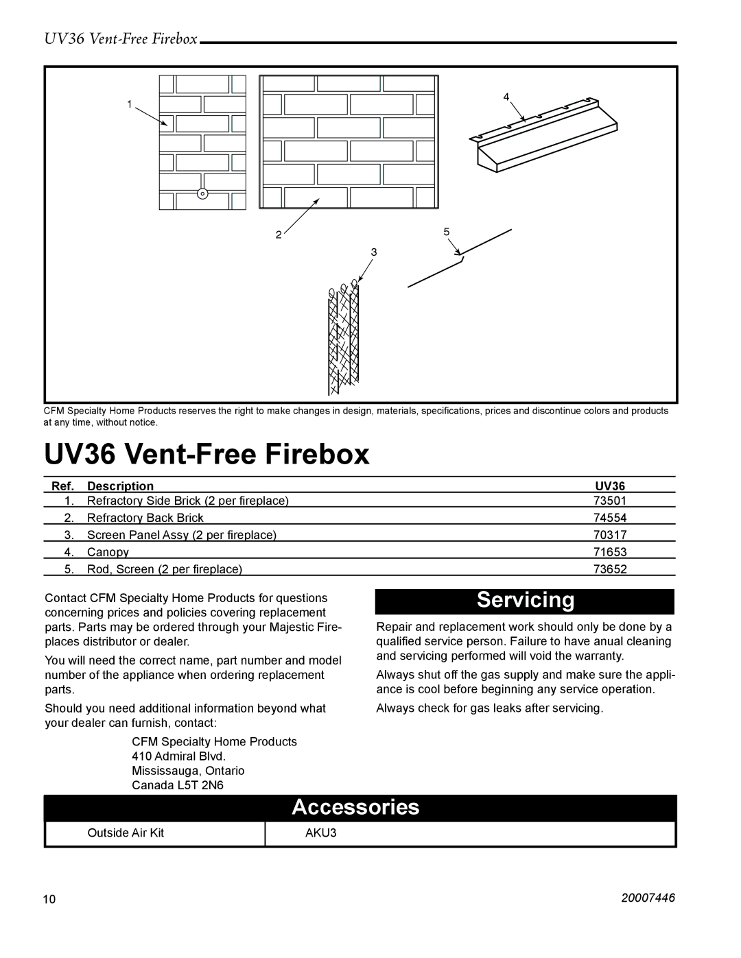 Majestic Appliances installation instructions Servicing, Accessories, Description UV36 