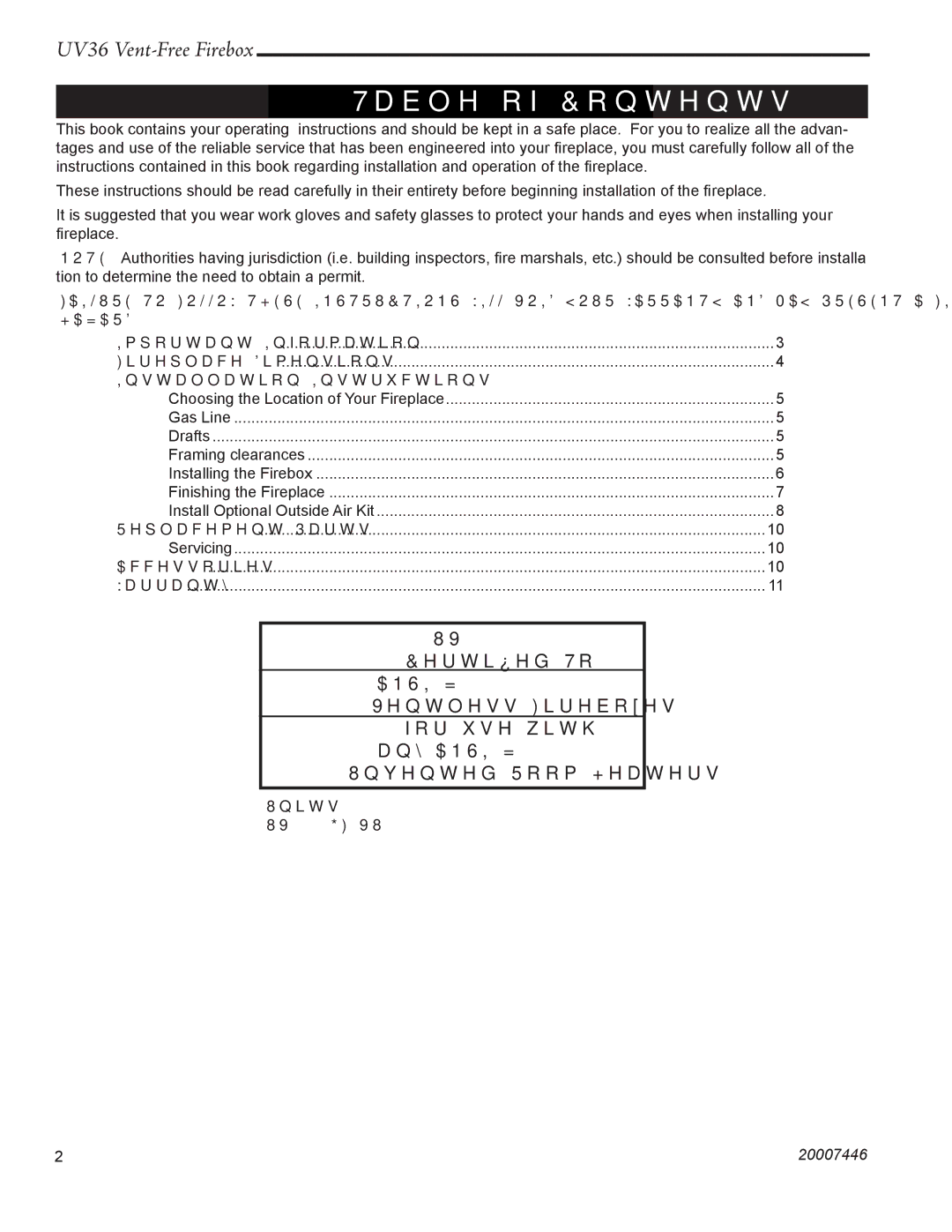 Majestic Appliances UV36 installation instructions Table of Contents 