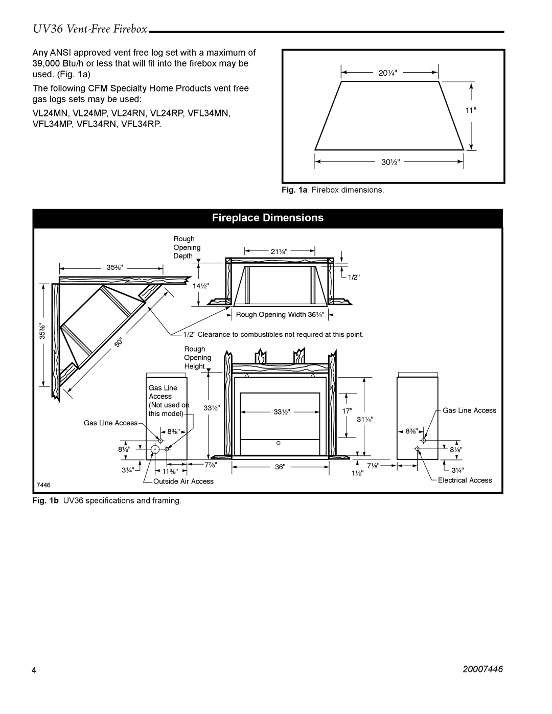 Majestic Appliances UV36 installation instructions Fireplace Dimensions, Firebox dimensions 