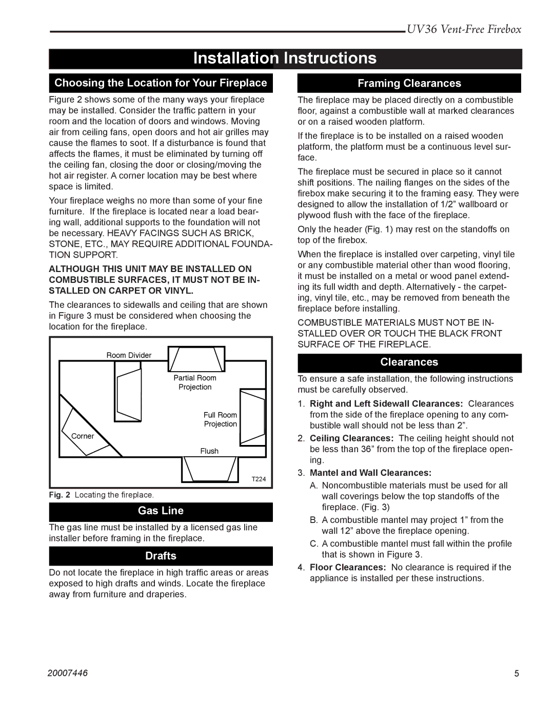 Majestic Appliances UV36 Installation Instructions, Choosing the Location for Your Fireplace Framing Clearances, Gas Line 