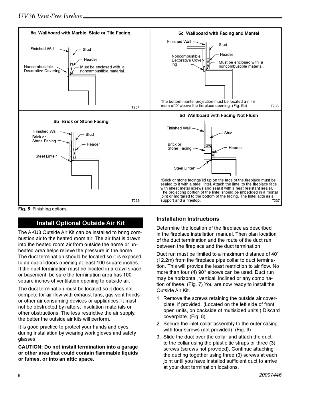 Majestic Appliances UV36 installation instructions Install Optional Outside Air Kit, 6b Brick or Stone Facing 