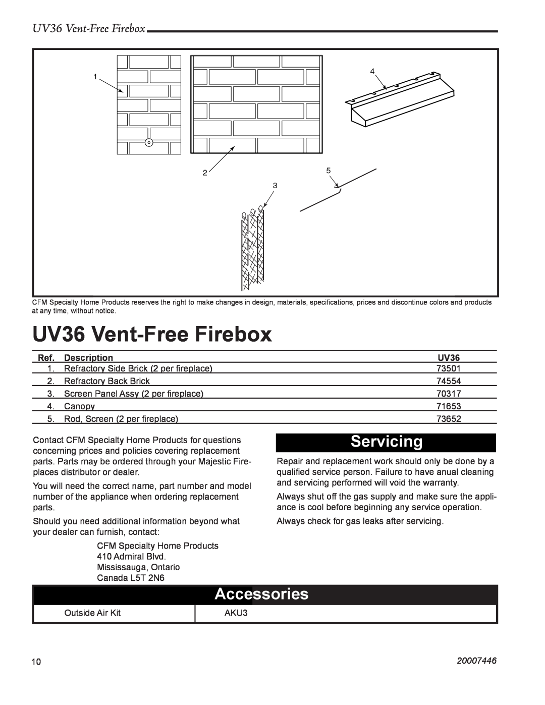 Majestic Appliances installation instructions UV36 Vent-FreeFirebox, Servicing, Accessories, 20007446 