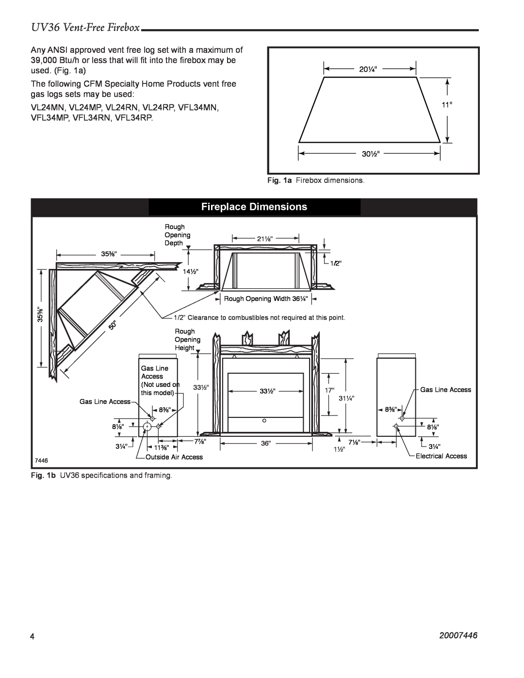 Majestic Appliances installation instructions Fireplace Dimensions, UV36 Vent-FreeFirebox, 20007446 