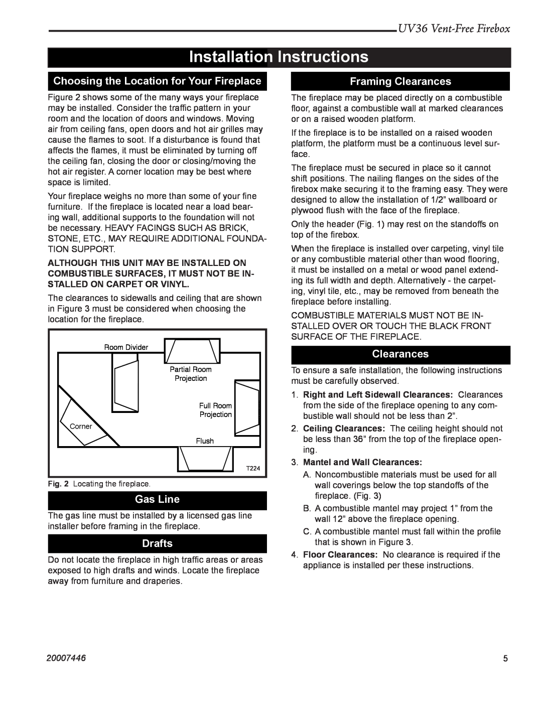 Majestic Appliances UV36 Installation Instructions, Choosing the Location for Your Fireplace, Framing Clearances, Gas Line 