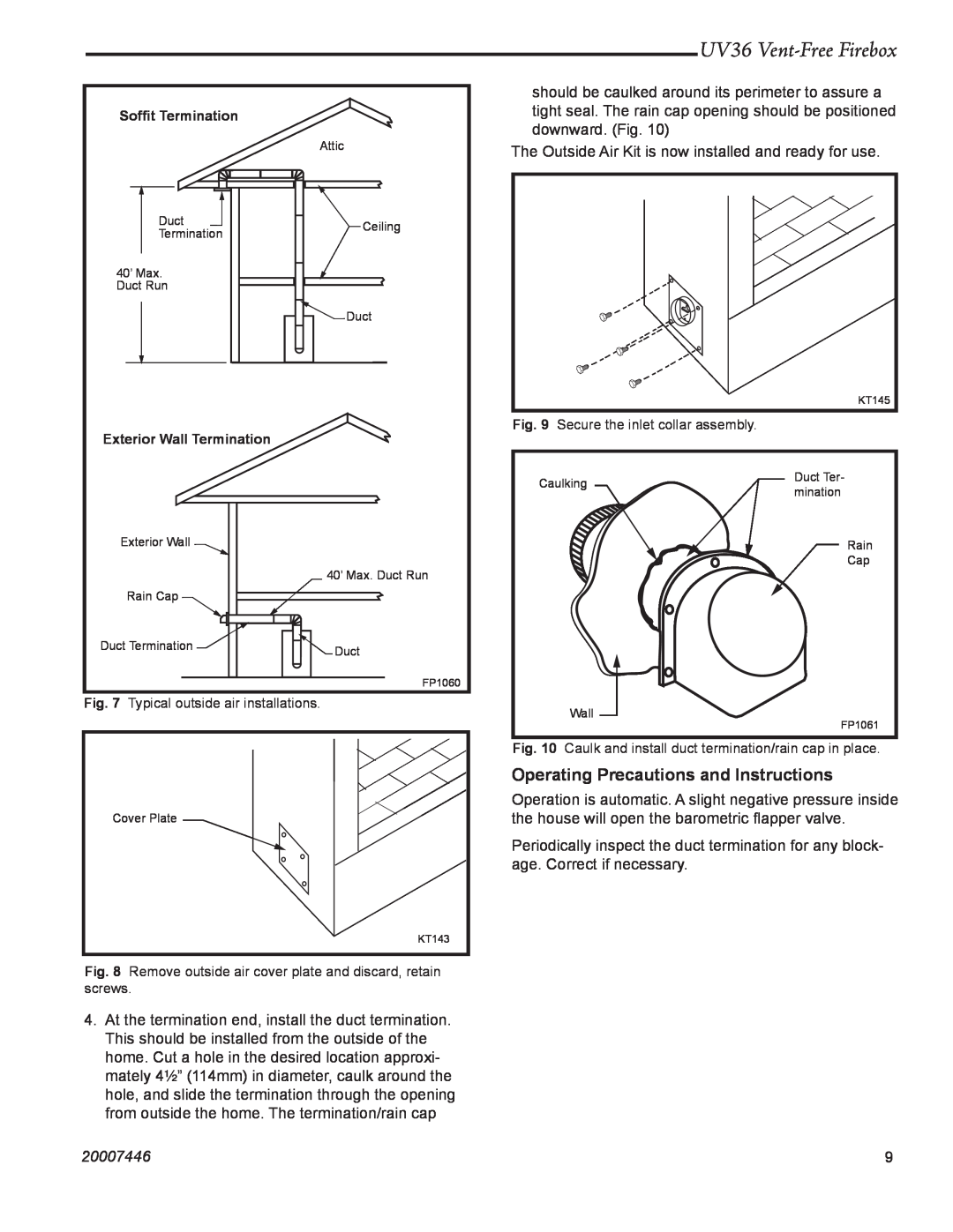 Majestic Appliances Operating Precautions and Instructions, UV36 Vent-FreeFirebox, 20007446, Sofﬁt Termination 