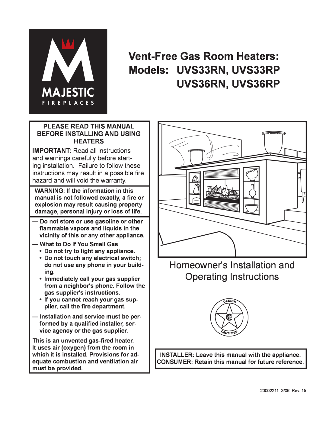 Majestic Appliances UVS36RN warranty Please Read This Manual, Before Installing And Using Heaters, Operating Instructions 
