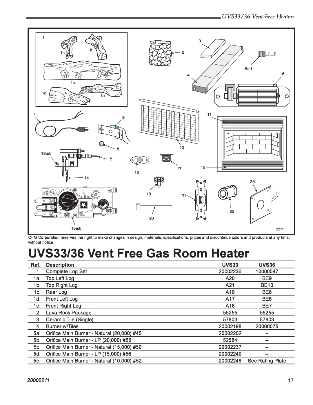 Majestic Appliances UVS36RN, UVS33RP UVS33/36 Vent Free Gas Room Heater, UVS33/36 Vent-FreeHeaters, Description, 20002211 