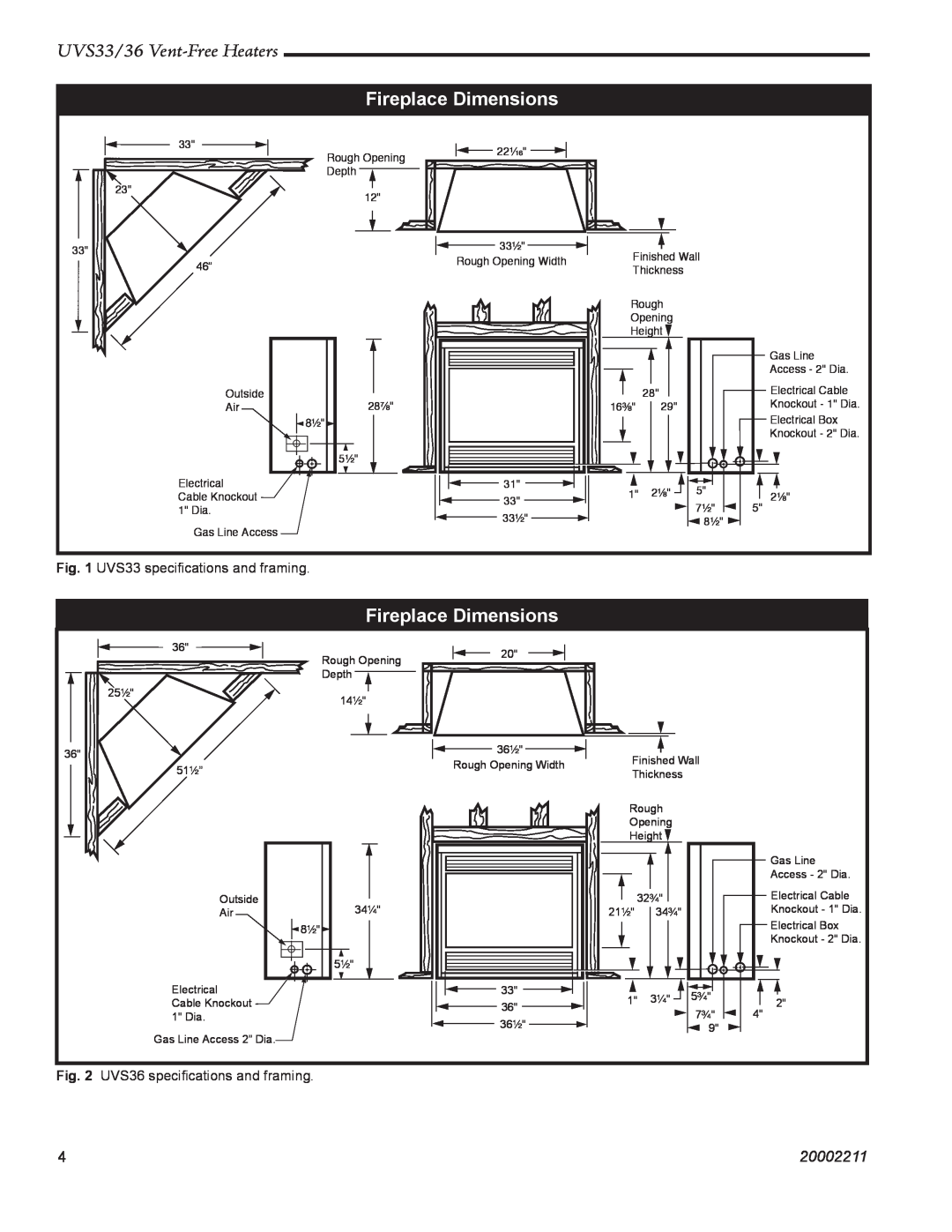 Majestic Appliances UVS33RP Fireplace Dimensions, UVS33/36 Vent-FreeHeaters, 20002211, UVS33 speciﬁcations and framing 