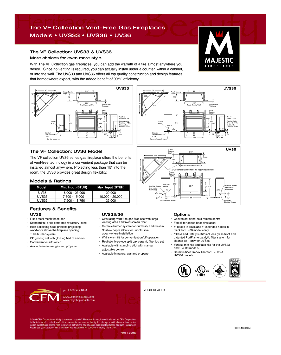 Majestic Appliances manual VF Collection UVS33 & UVS36, Models & Ratings, Features & Benefits 