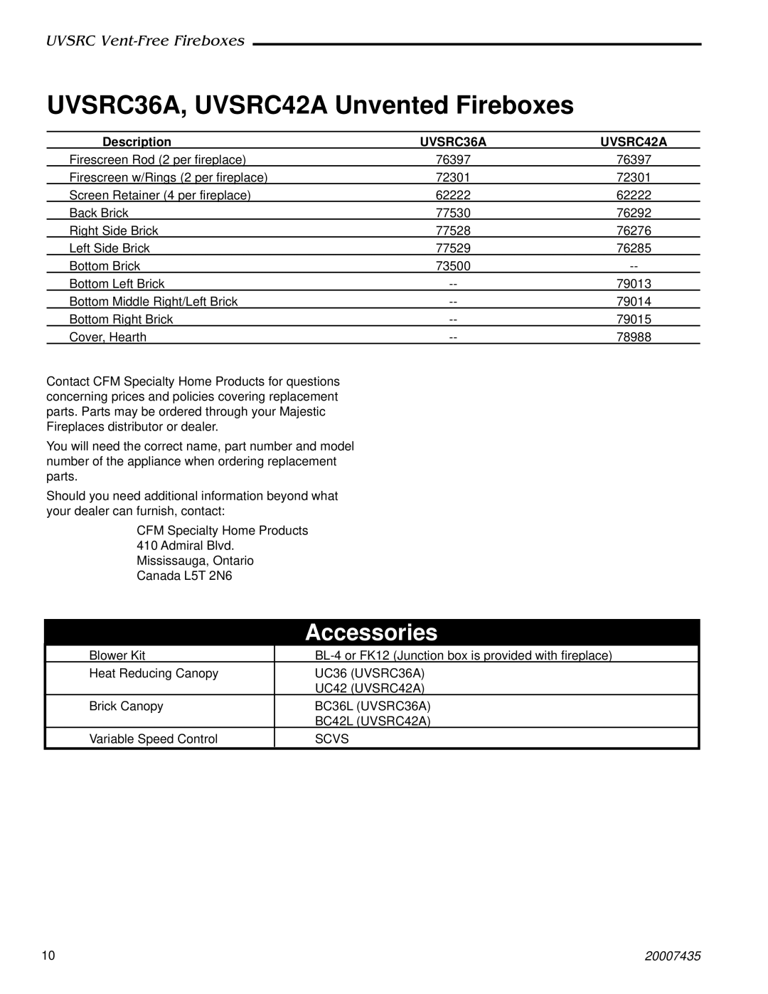 Majestic Appliances UVSRC36A, UVSRC42A installation instructions Accessories, Description 