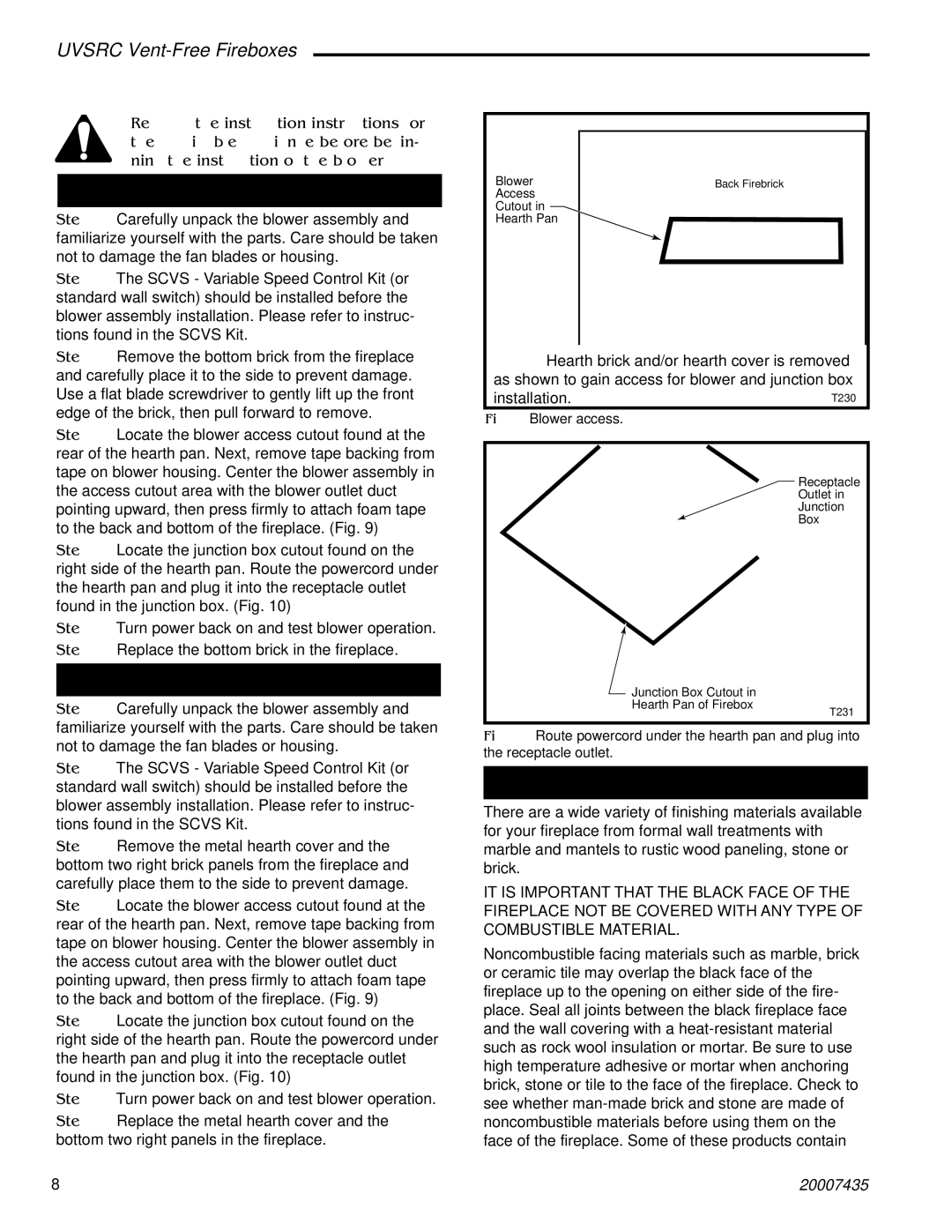 Majestic Appliances installation instructions UVSRC36A Blower Installation, UVSRC42A Installation 