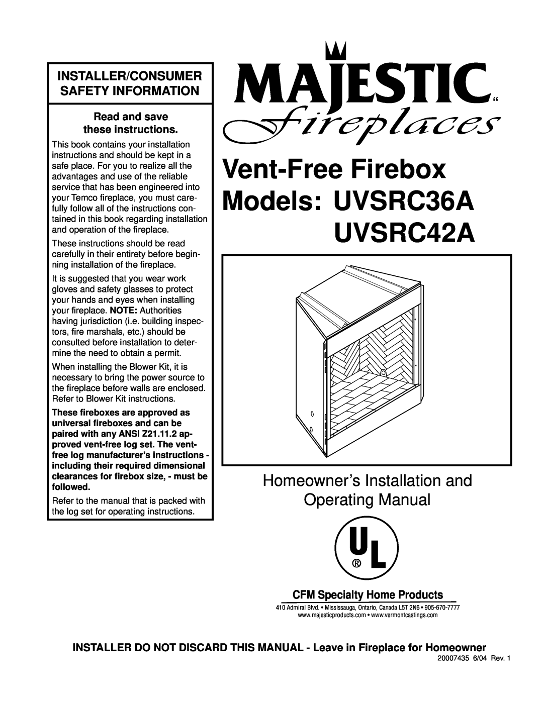 Majestic Appliances UVSRC42A installation instructions CFM Specialty Home Products, Read and save these instructions 