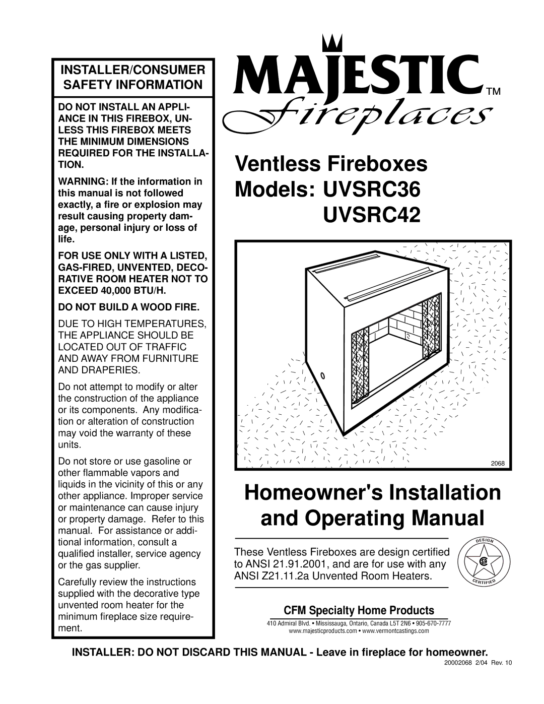 Majestic Appliances UVSRC36 dimensions UVSRC42 