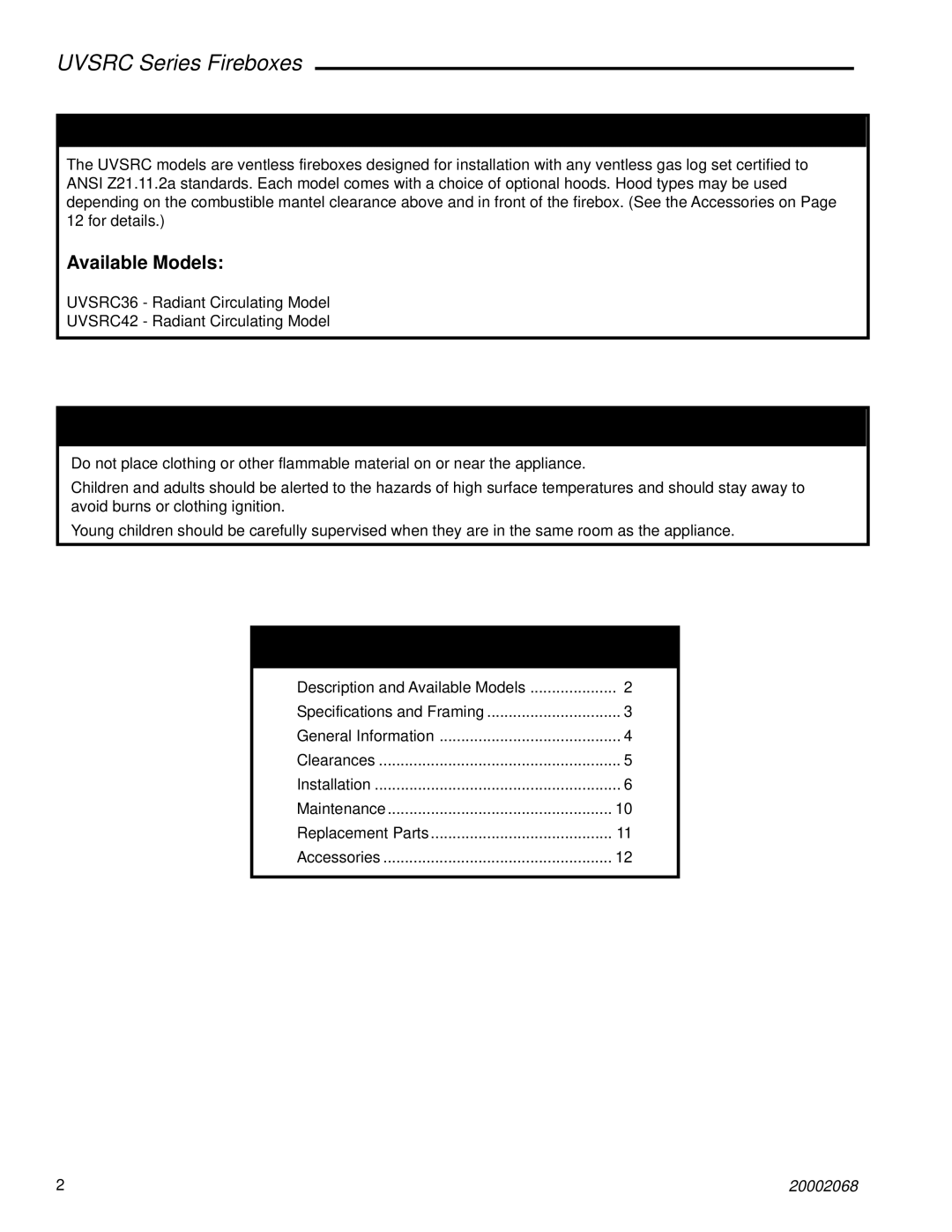 Majestic Appliances UVSRC42, UVSRC36 dimensions Description, For Your Safety, Table of Contents 