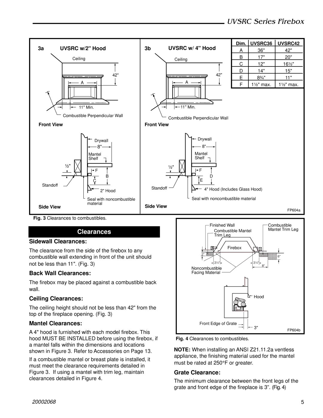 Majestic Appliances UVSRC36, UVSRC42 dimensions Clearances, Uvsrc w/ 4 Hood 