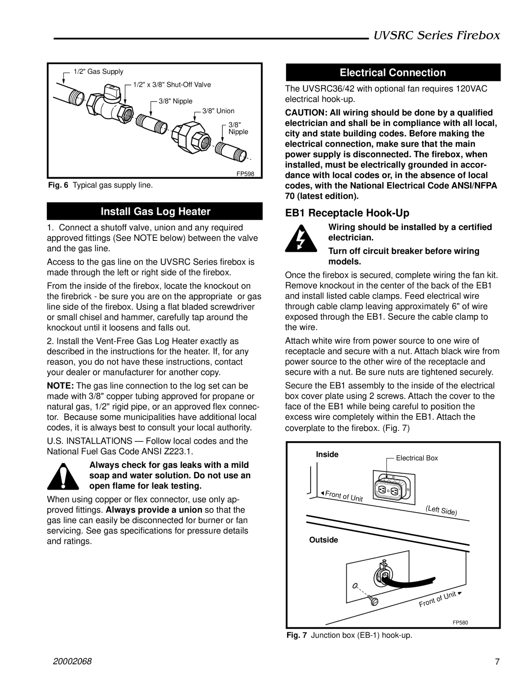 Majestic Appliances UVSRC36, UVSRC42 dimensions Install Gas Log Heater, Electrical Connection 