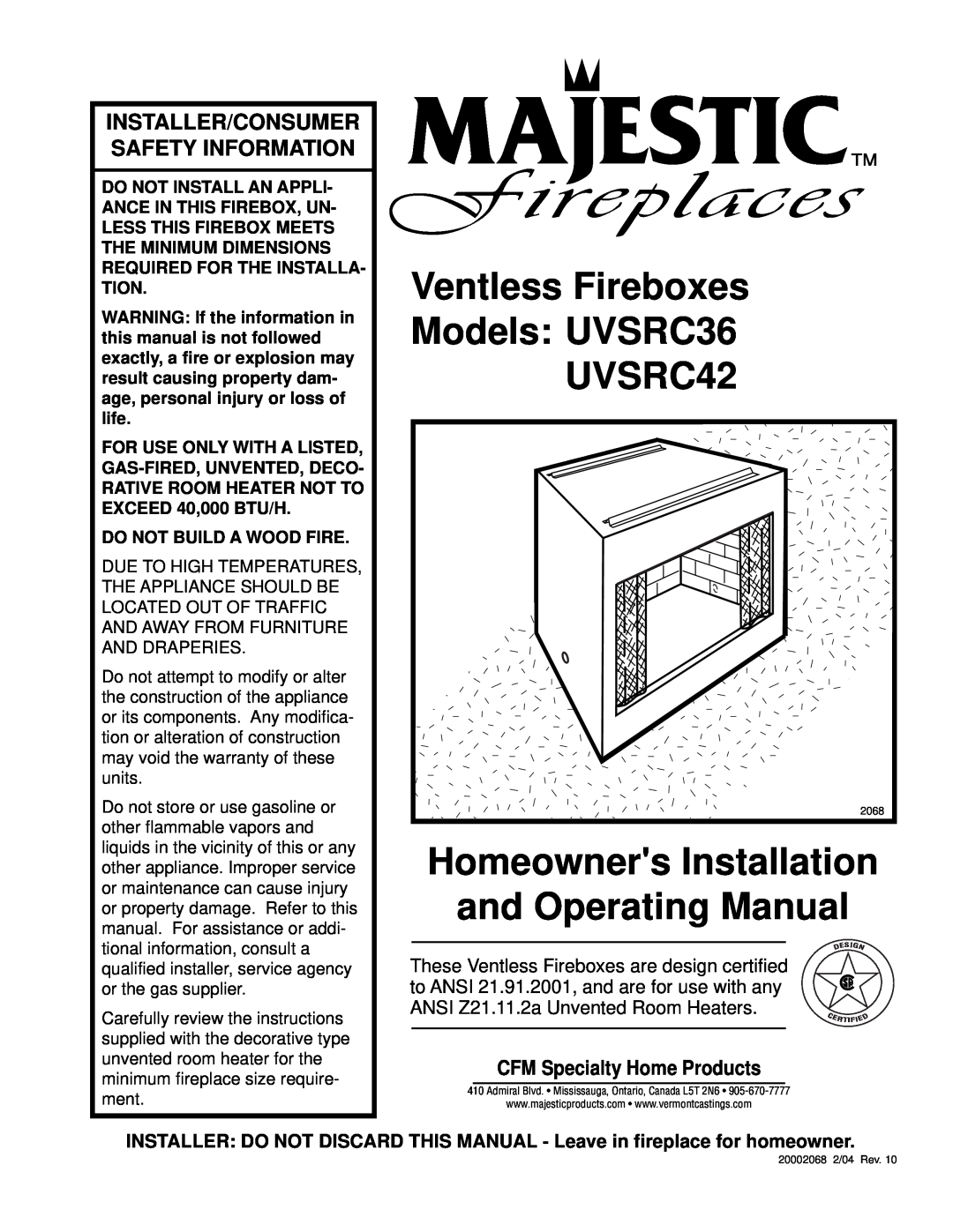 Majestic Appliances dimensions Ventless Fireboxes Models UVSRC36 UVSRC42, Homeowners Installation and Operating Manual 