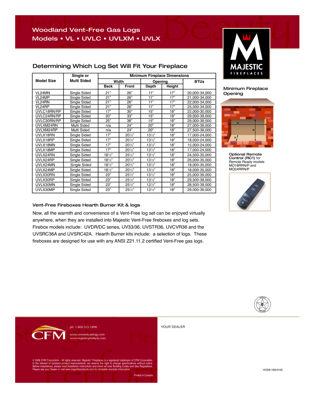 Majestic Appliances VL18, VL30, VL24, UVLC30, UVLC18, VL21, UVLC24 manual Woodland Vent-Free Gas Logs Models VL Uvlc Uvlxm Uvlx 