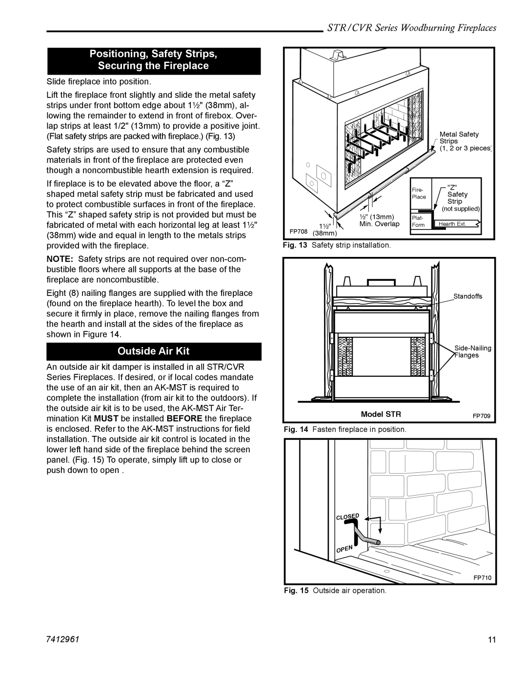 Majestic STR36, CVR42, STR42, STR33, CVR36 manual Positioning, Safety Strips Securing the Fireplace, Outside Air Kit 