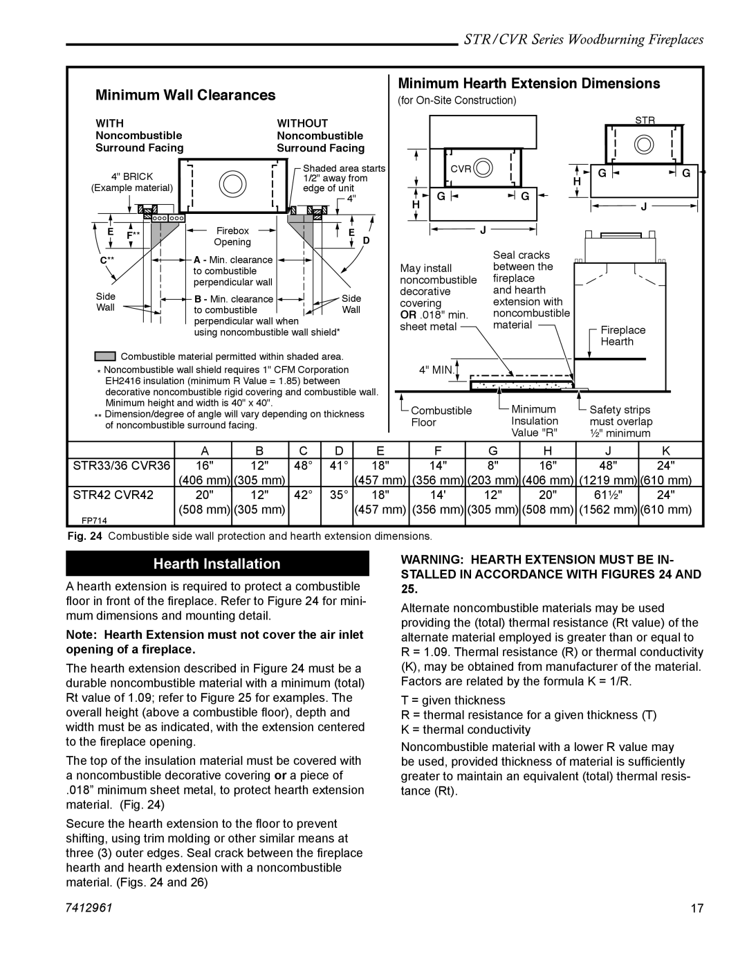 Majestic STR42, CVR42, STR36, STR33, CVR36 Minimum Wall Clearances, Minimum Hearth Extension Dimensions, Hearth Installation 