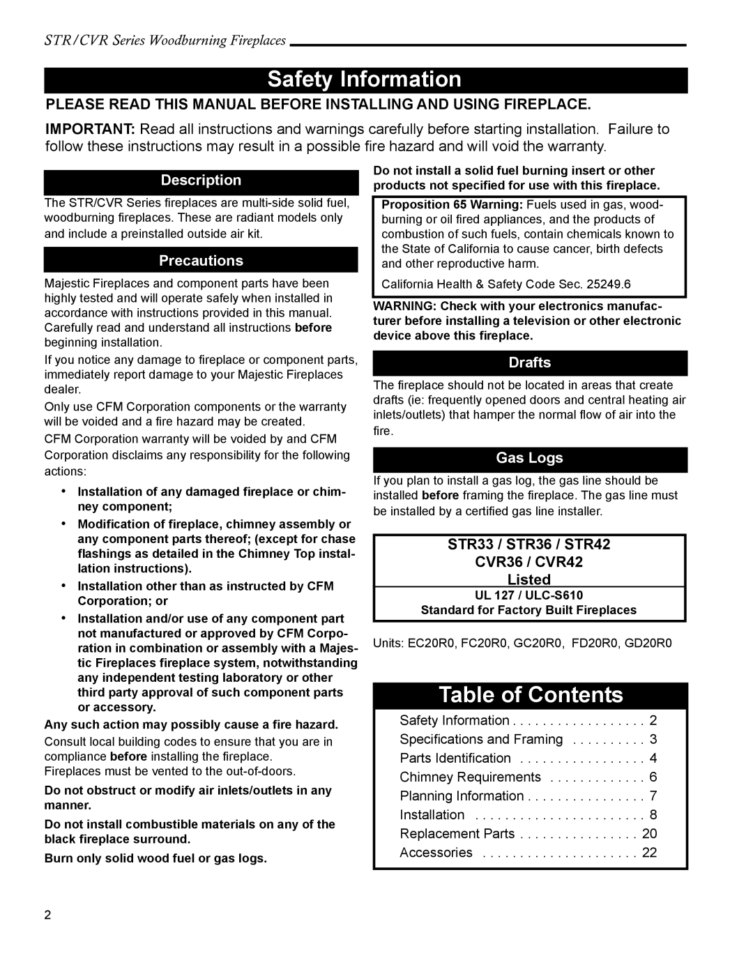 Majestic STR42, CVR42, STR36, STR33, CVR36 manual Safety Information, Table of Contents 