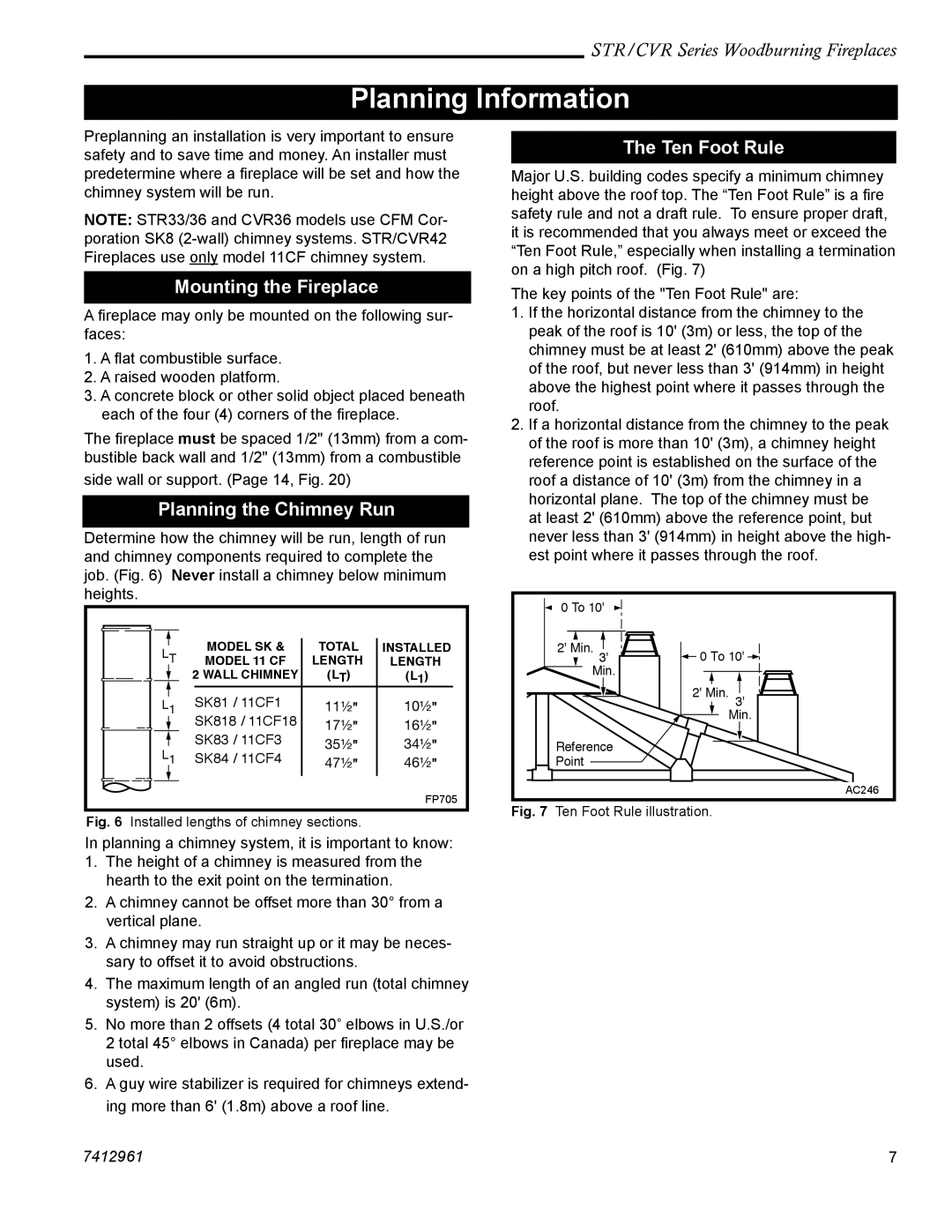 Majestic STR42, CVR42, STR36, STR33 Planning Information, Mounting the Fireplace, Planning the Chimney Run, Ten Foot Rule 