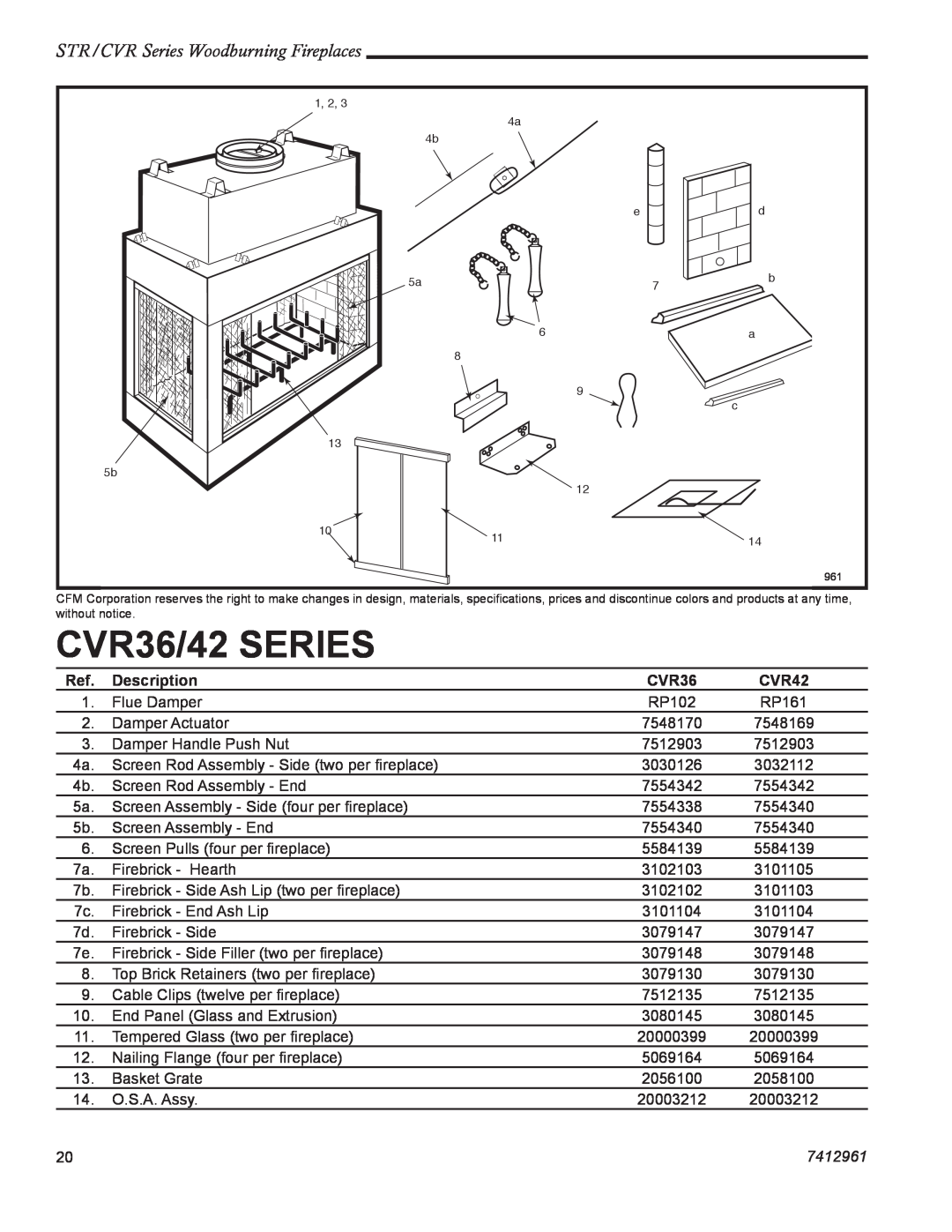 Majestic CVR42, STR36, STR42, STR33 manual CVR36/42 SERIES, STR/CVR Series Woodburning Fireplaces, Description, 7412961 