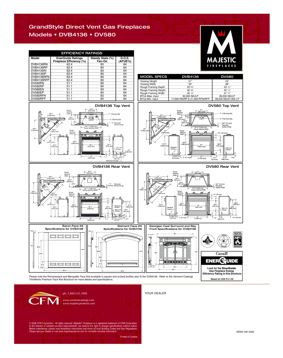 Majestic manual GrandStyle Direct Vent Gas Fireplaces Models DVB4136 DV580, Efficiency Ratings 