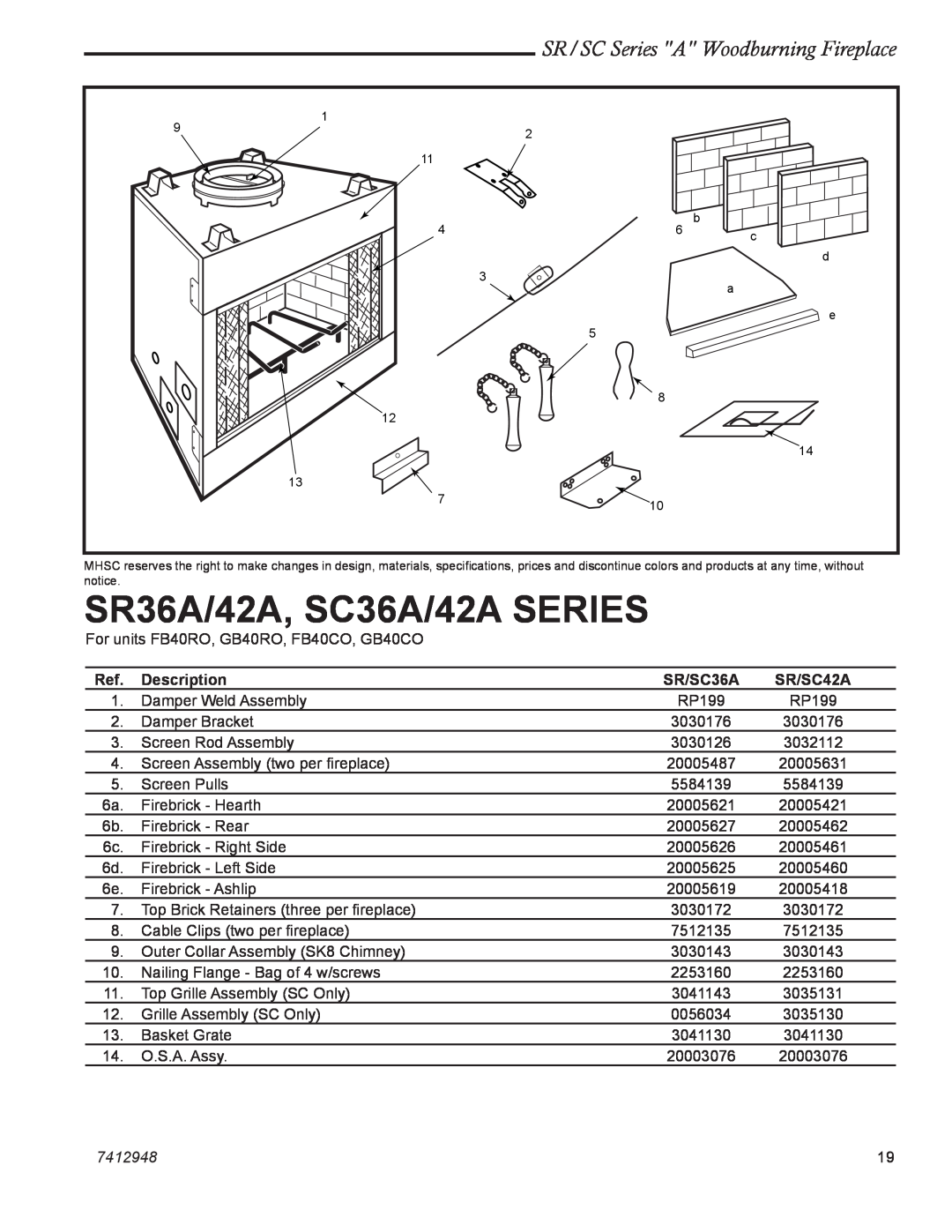 Majestic SR36A/42A, SC36A/42A SERIES, SR/SC Series A Woodburning Fireplace, Description, SR/SC36A, SR/SC42A, 7412948 