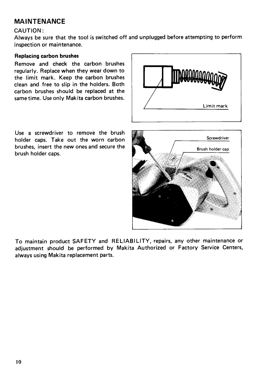 Makita 1001 instruction manual Maintenance 