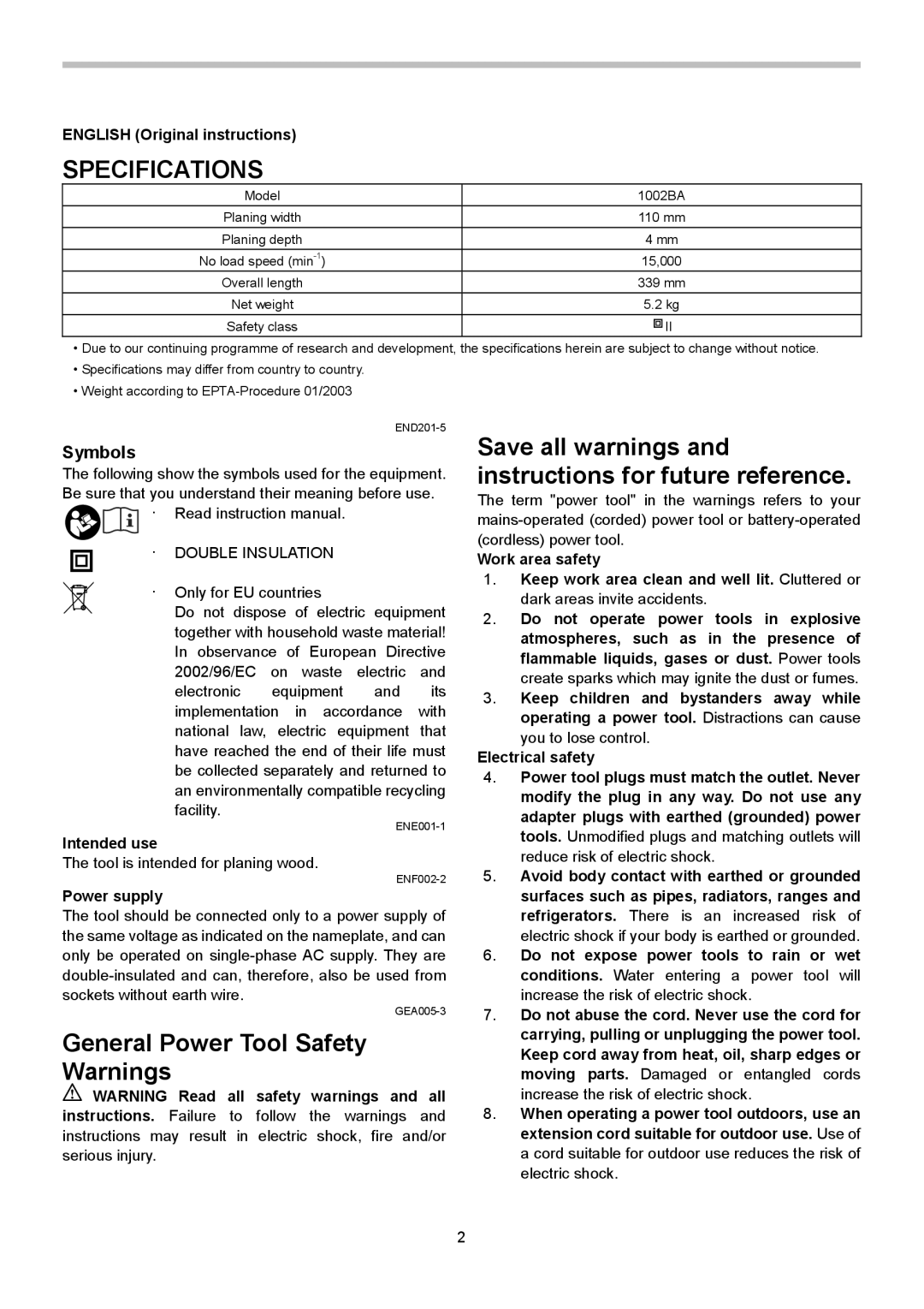 Makita 1002BA instruction manual Specifications, Symbols, English Original instructions, Intended use, Power supply 