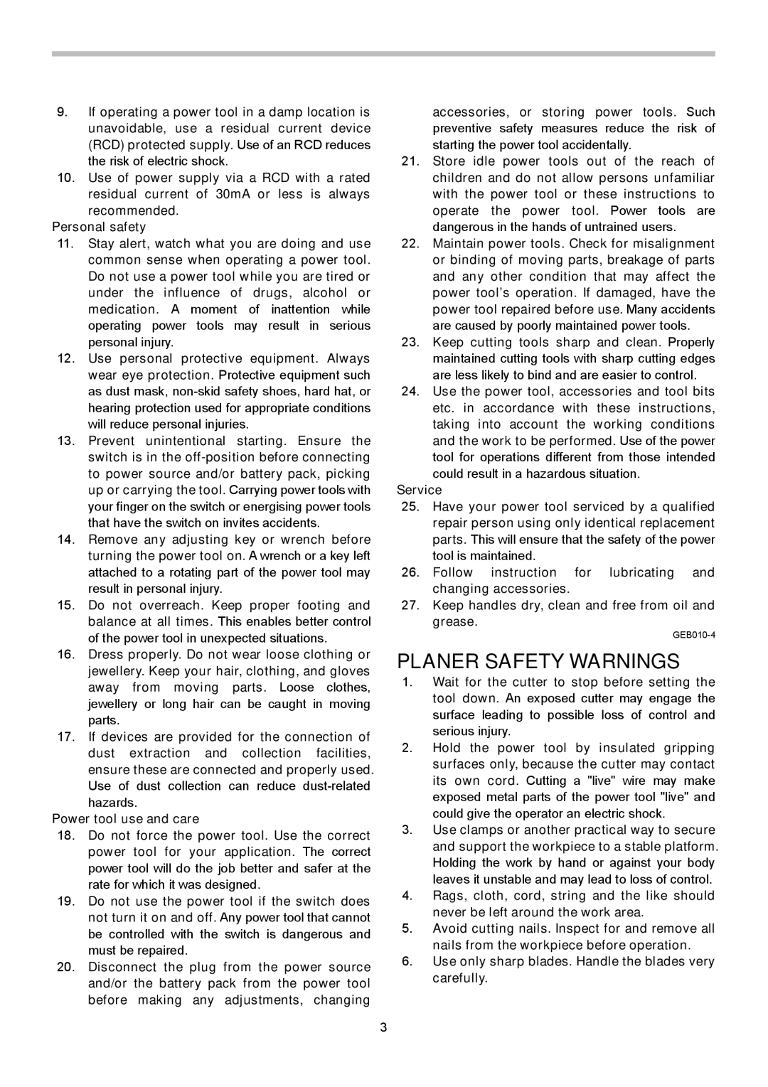 Makita 1002BA instruction manual Planer Safety Warnings 