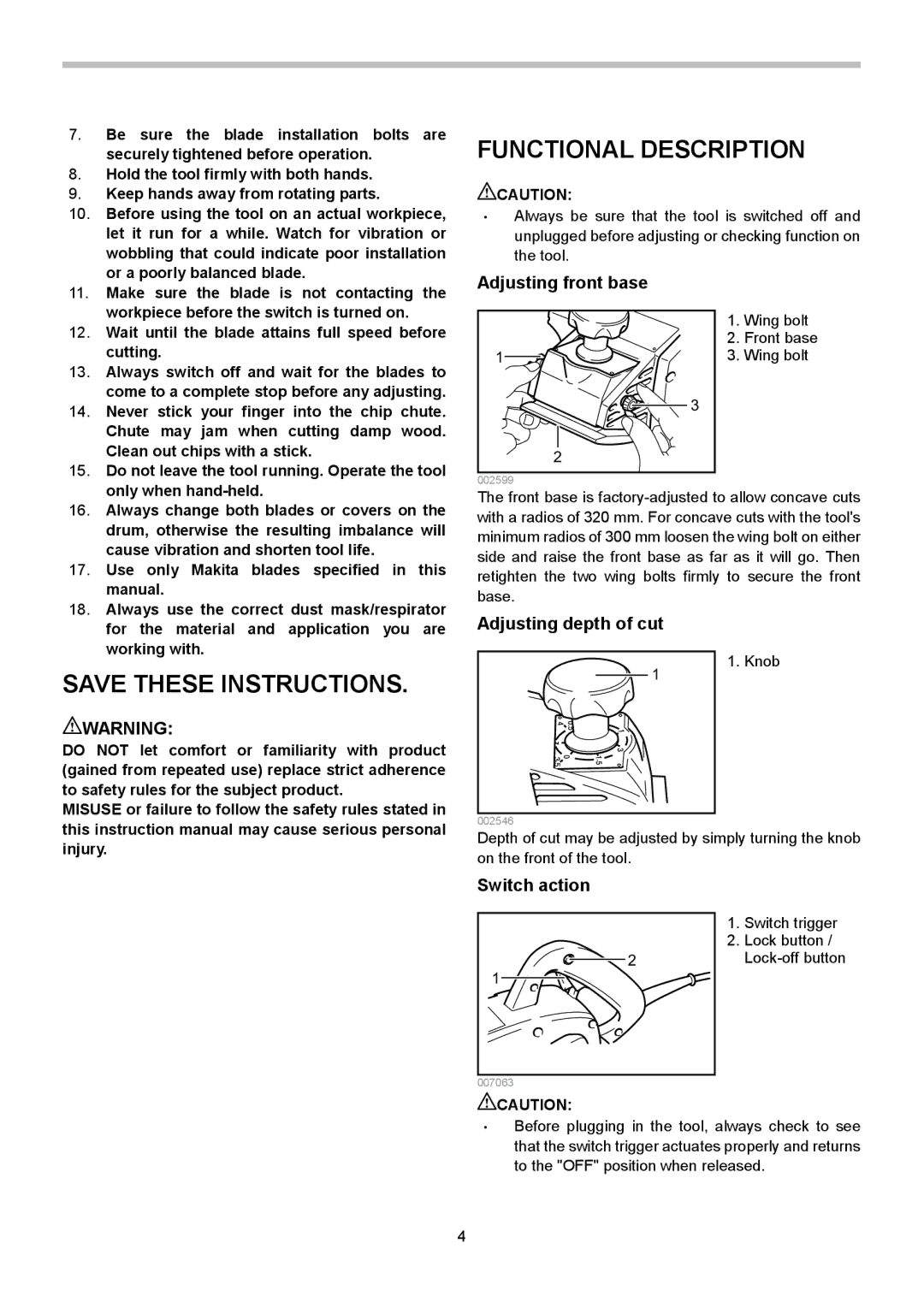 Makita 1002BA instruction manual Functional Description, Adjusting front base, Adjusting depth of cut, Switch action 