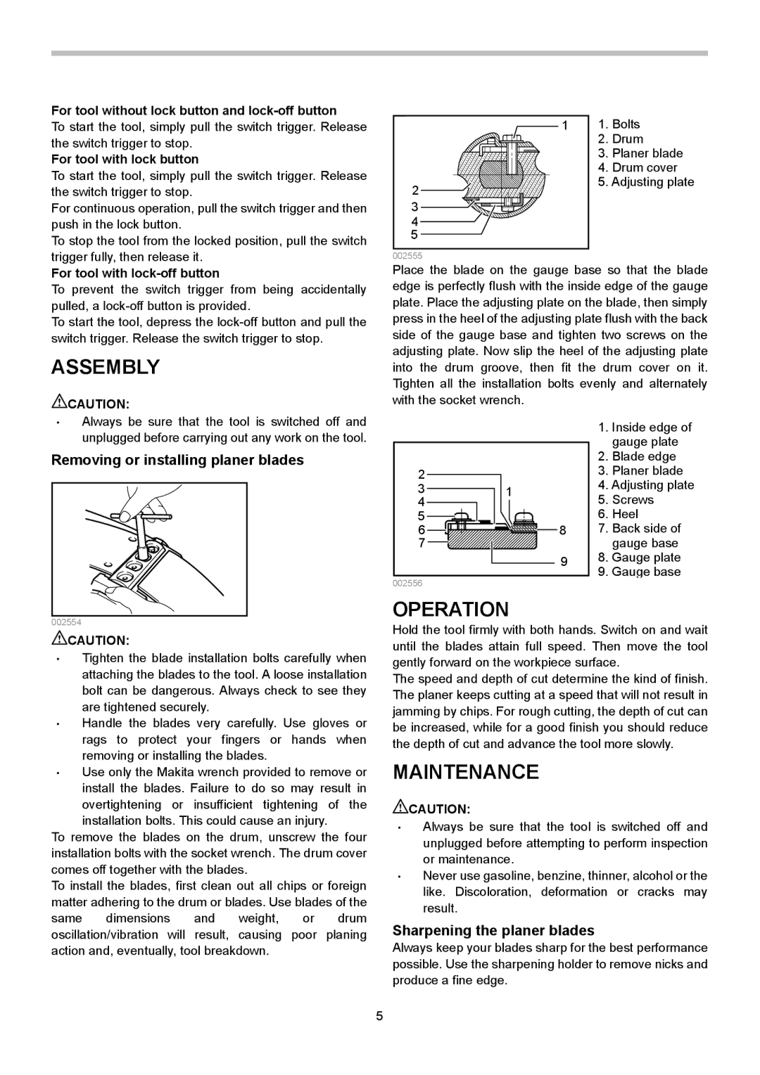 Makita 1002BA Assembly, Operation, Maintenance, Removing or installing planer blades, Sharpening the planer blades 