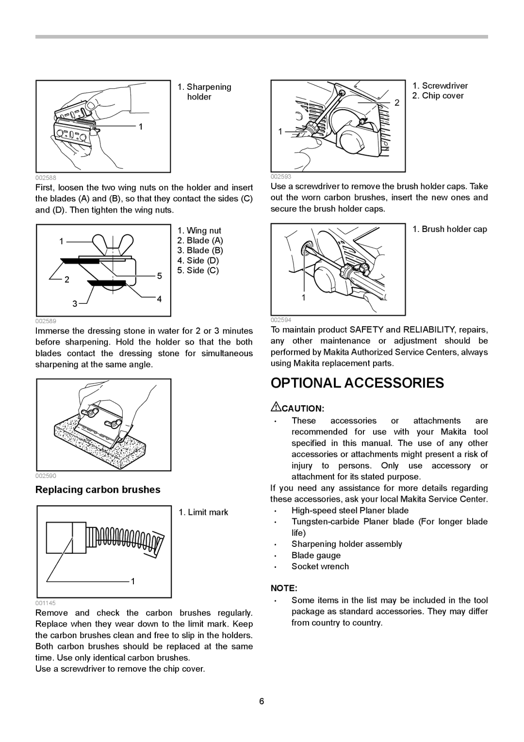 Makita 1002BA instruction manual Optional Accessories, Replacing carbon brushes 