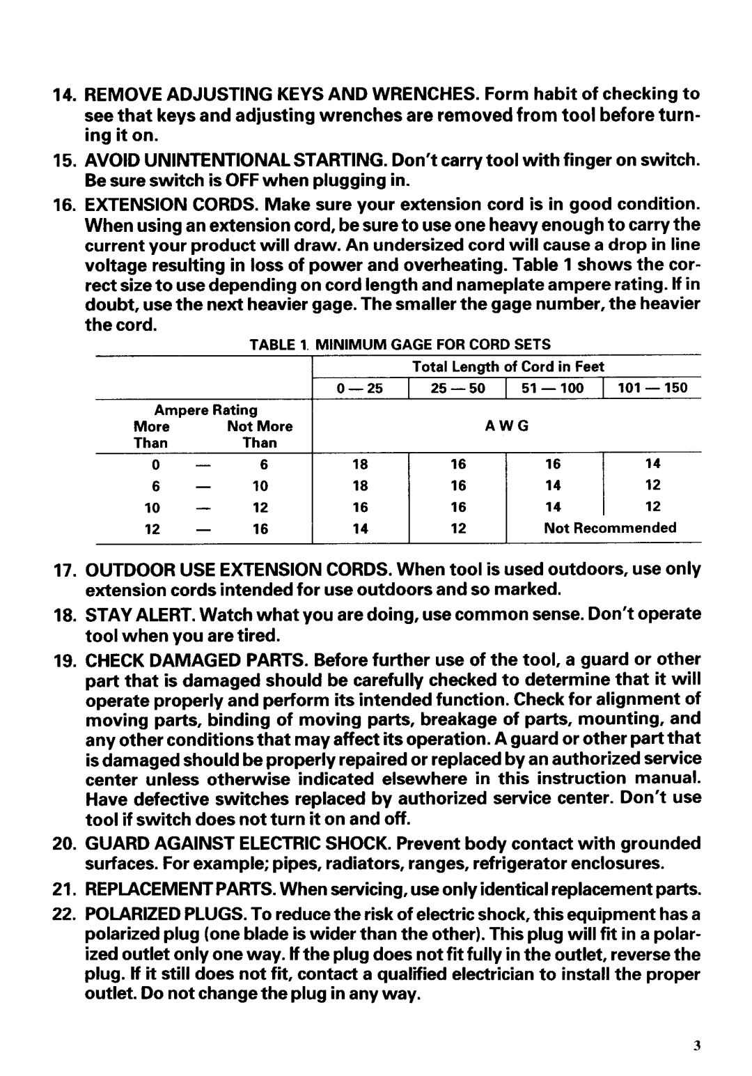 Makita 1002BA instruction manual Minimumgage for Cord Sets 