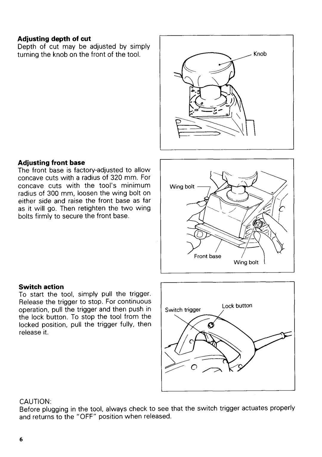 Makita 1002BA instruction manual Adjusting depth of cut, Adjusting front base, Switch action 