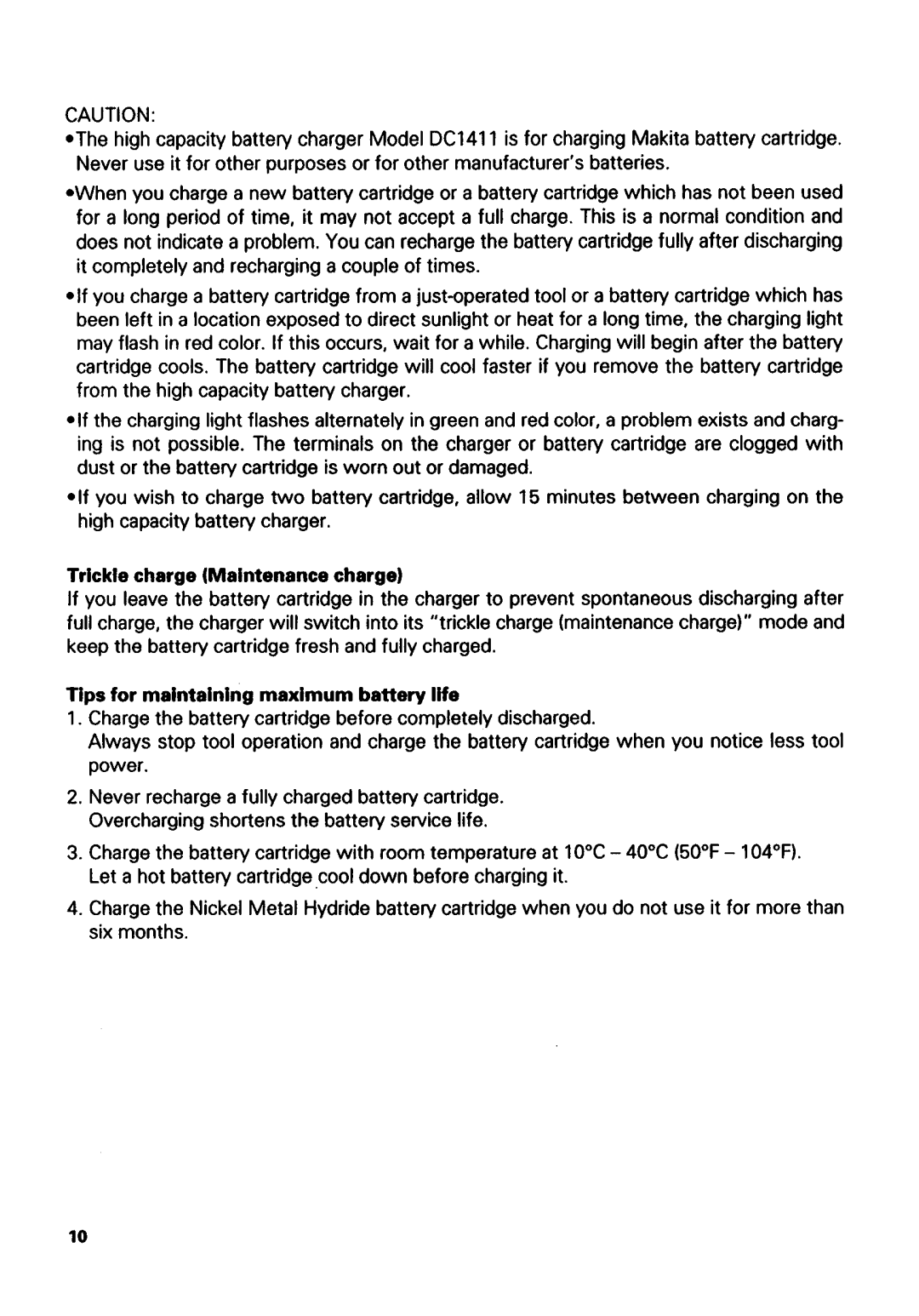 Makita 1051D instruction manual Trickle charge Maintenance charge, Tips for maintaining maximum battery life 