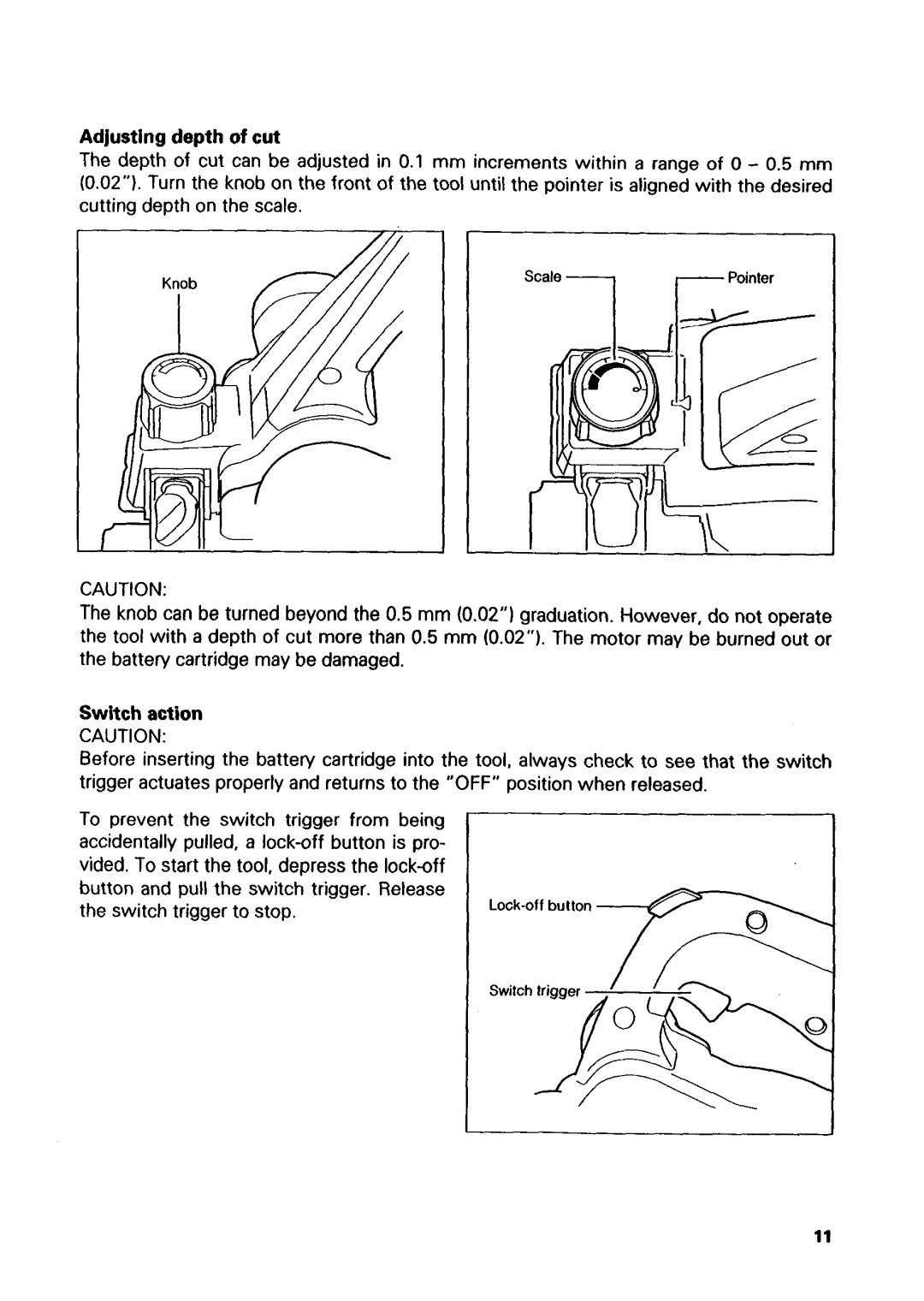 Makita 1051D instruction manual Adjusting depth of cut, Switch action 