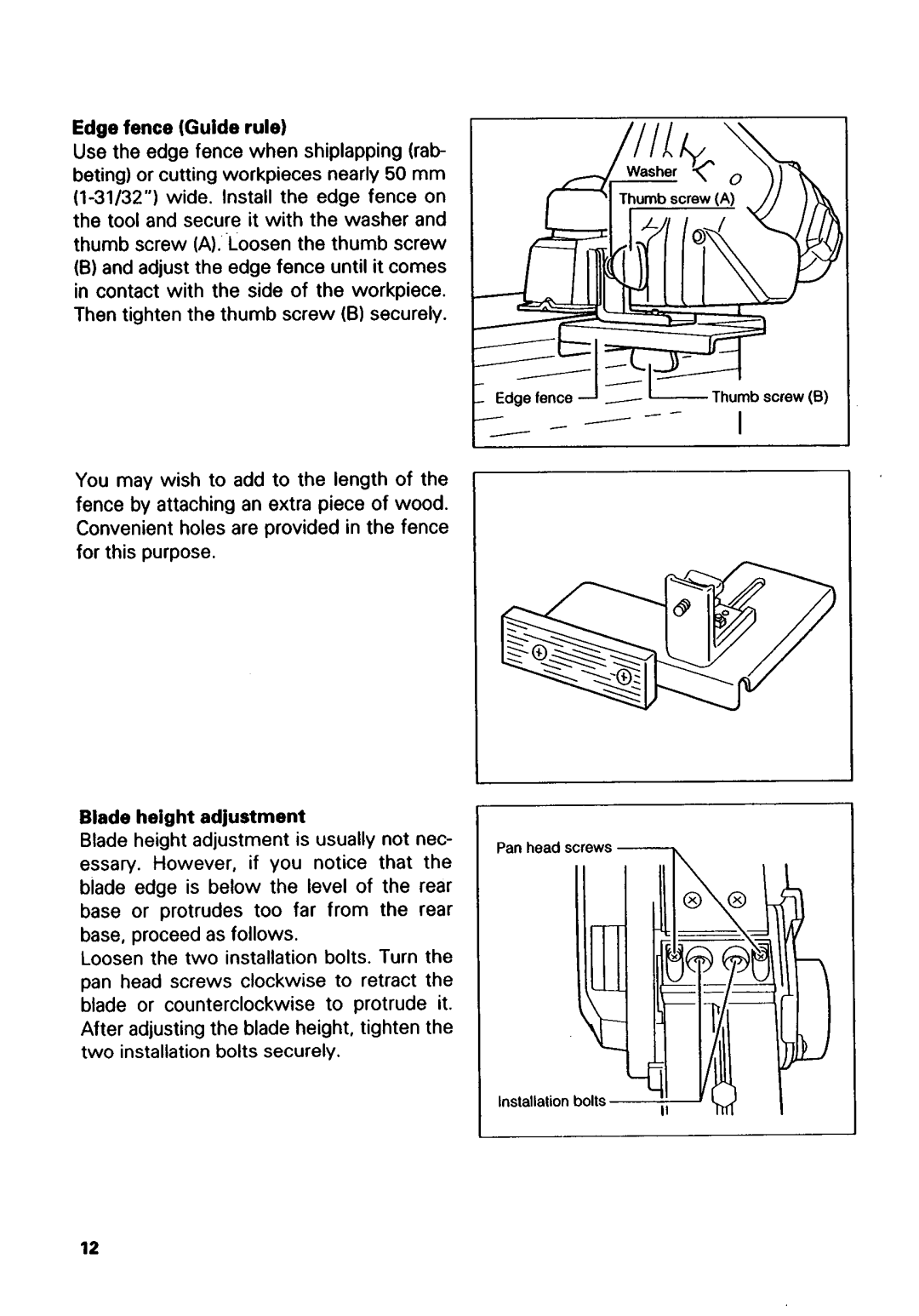 Makita 1051D instruction manual Edge fence Guiderule, Blade height adjustment 