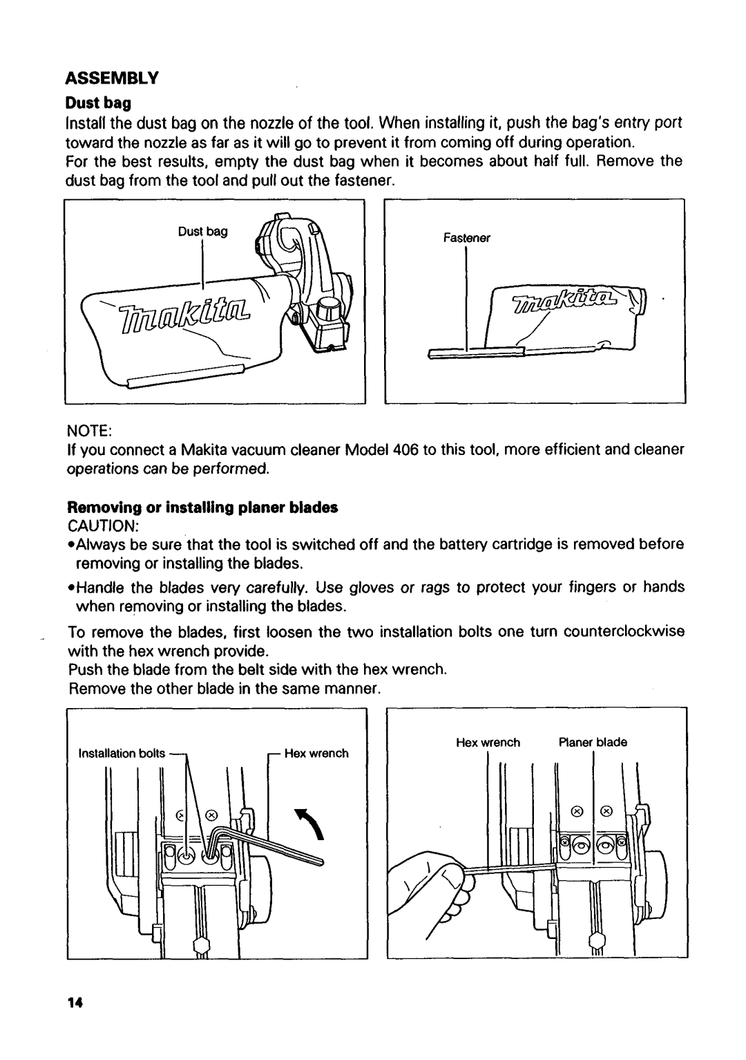 Makita 1051D instruction manual Assembly, Removingor installing planer blades 