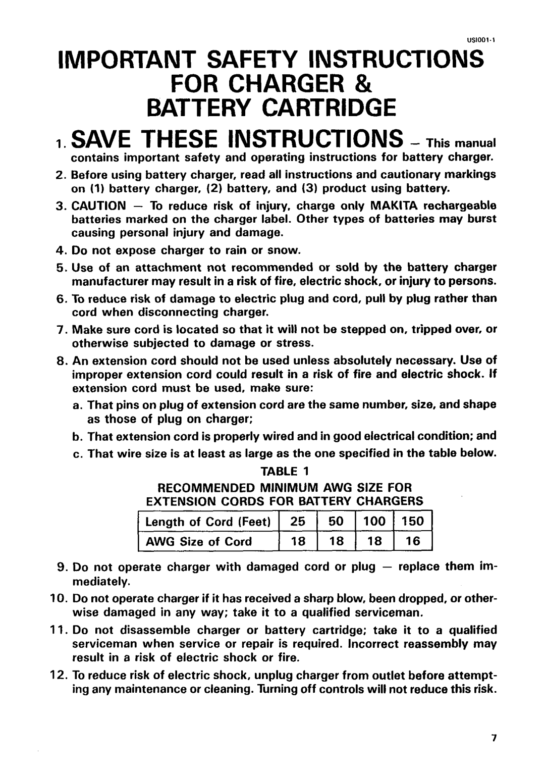 Makita 1051D instruction manual Important Safety Instructions For Charger Battery Cartridge 