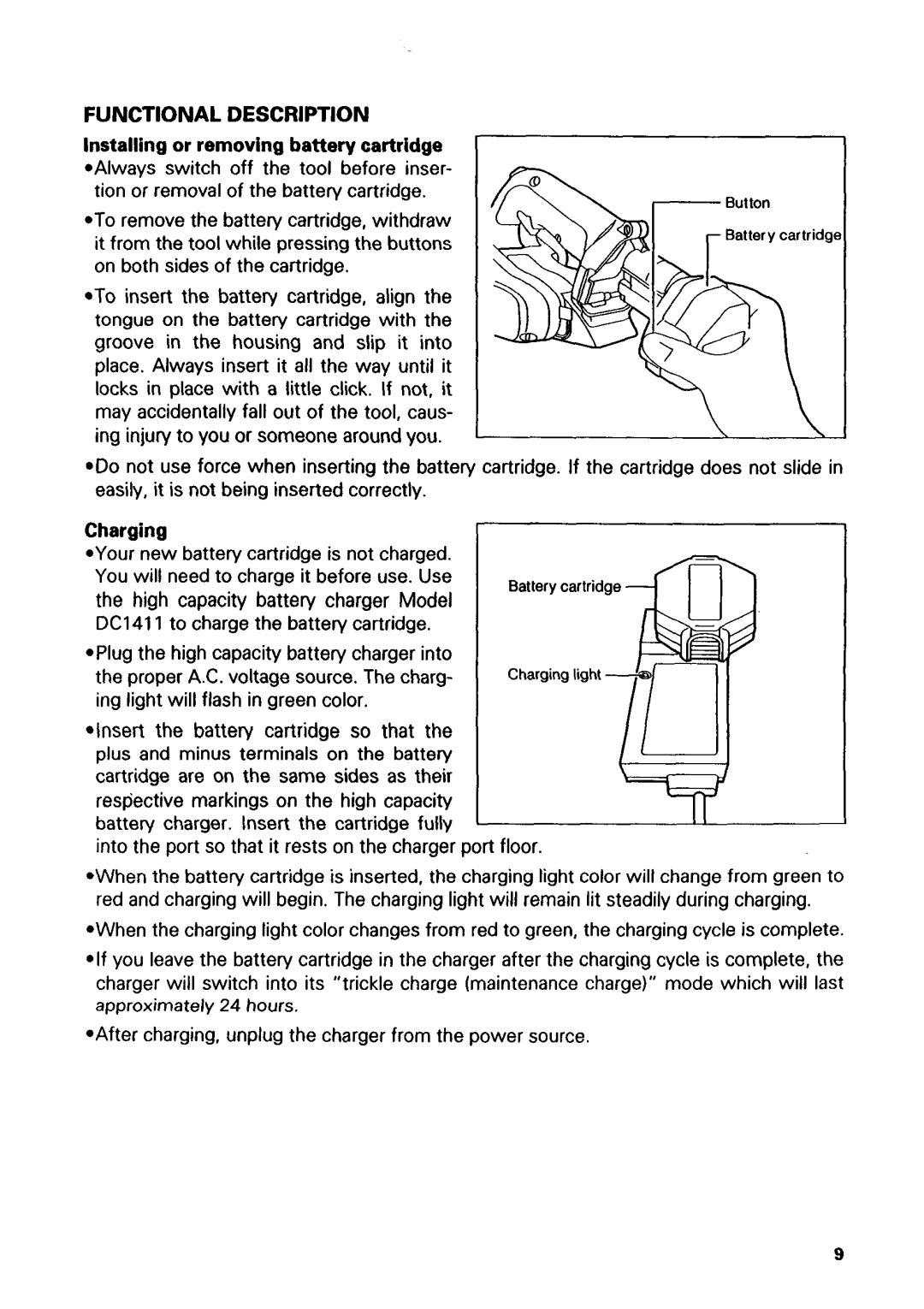 Makita 1051D instruction manual Installingor removingbattery cartridge, Charging 