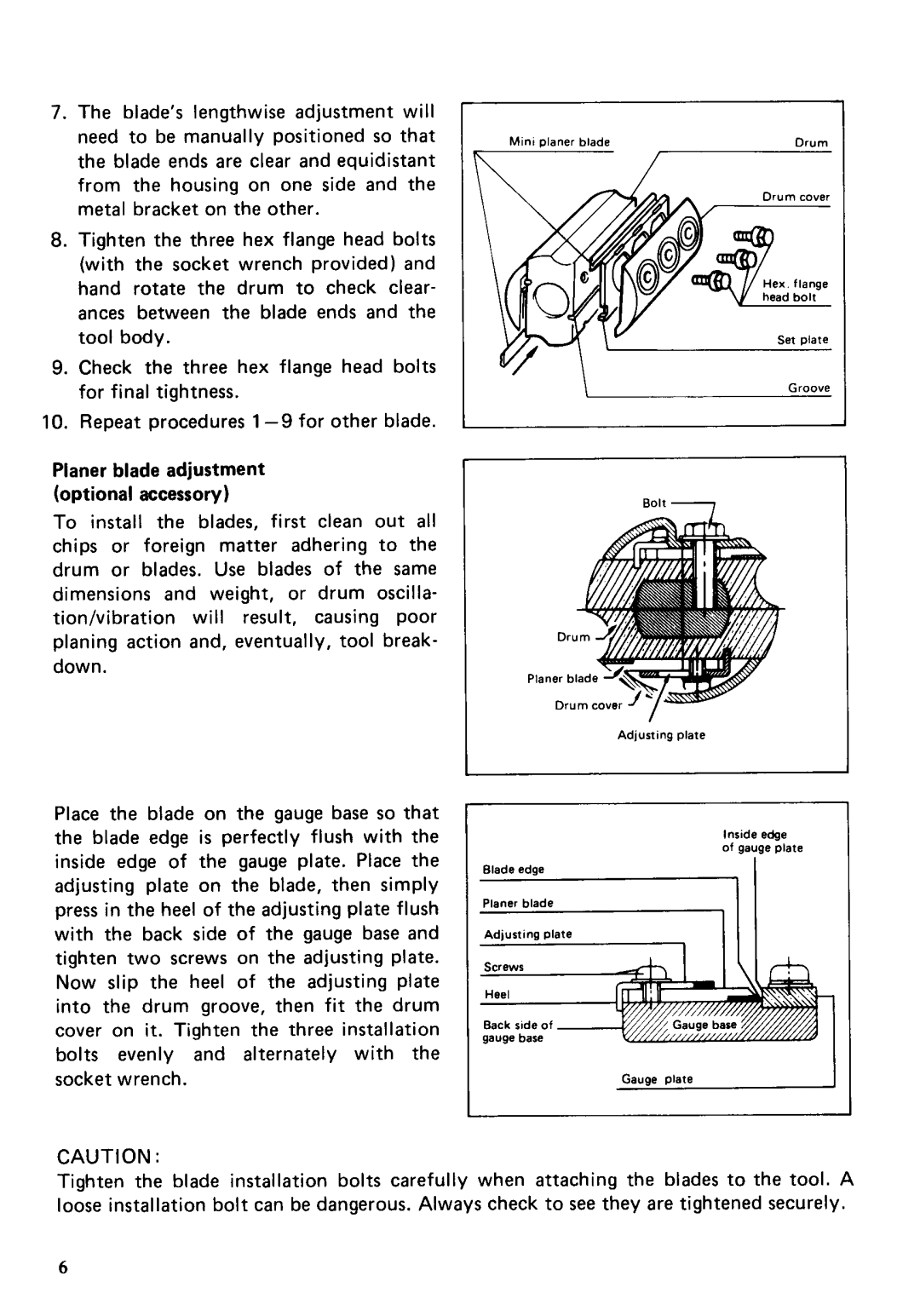 Makita 1100 instruction manual Planer blade adjustment optional accessory 