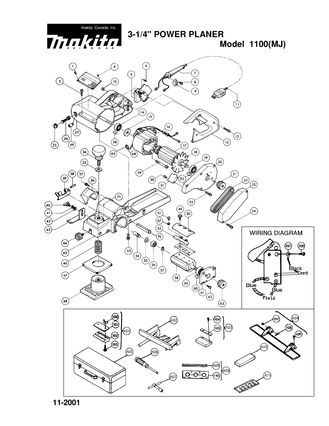 Makita 1100(MJ) manual Power Planer 