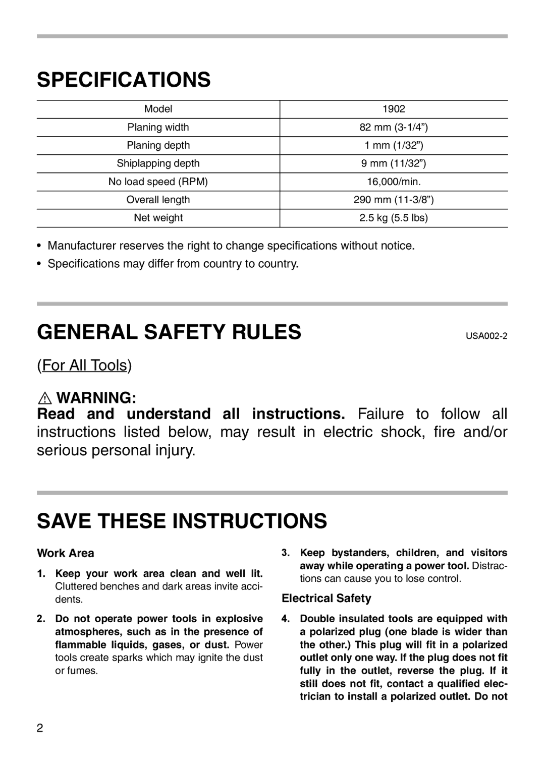 Makita 1902 instruction manual Specifications 